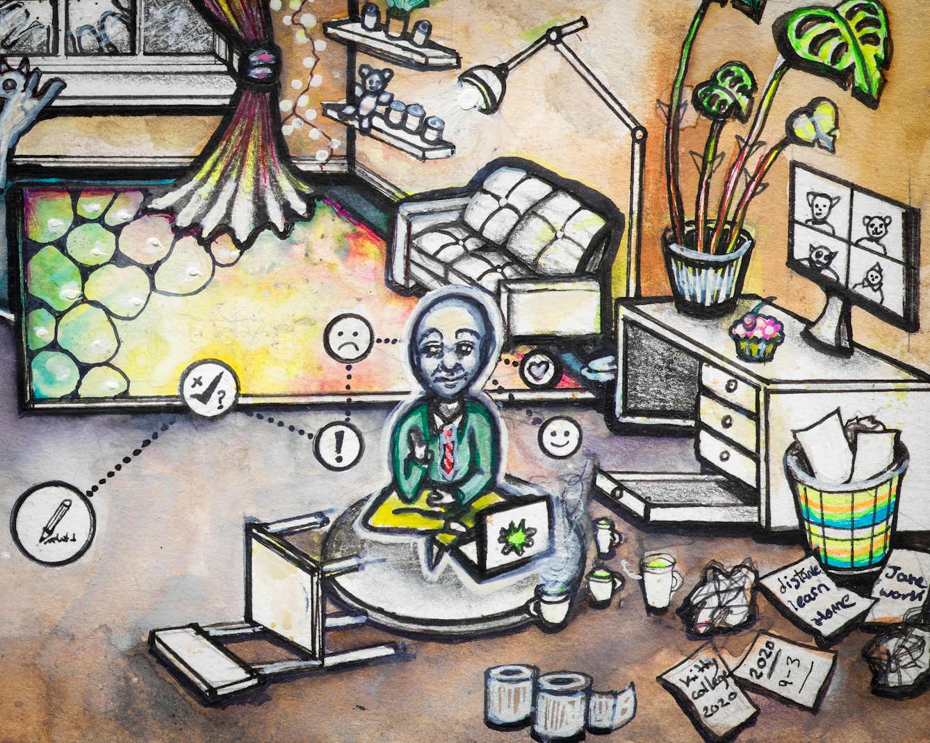 Artwork using watercolour and ink incorporating some collaged words. The artwork shows a busy multi-coloured living room scene in which a small man wearing a tie sits in lotus position in front of a laptop surrounded by cups of tea, crumpled paper, and a chair on its side. Above his head are symbols in circles such as a check mark, a pencil, and a smiley face joined by dotted lines.