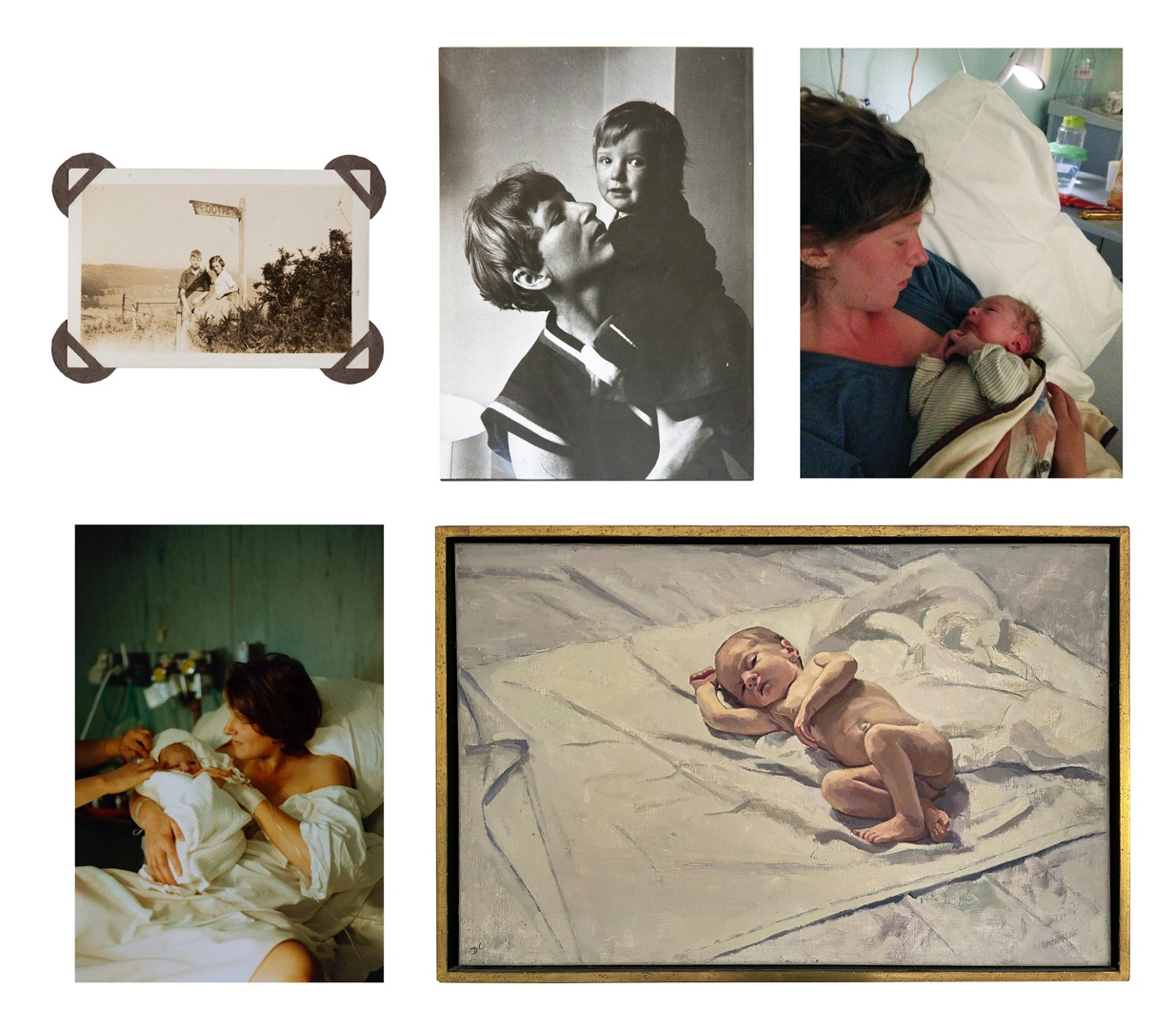 A group of 5 family archive photos and an oil painting ranging in date from 1941 to 2015. The photos show young babies in the arms of their parents, some of them showing new born babies in a hospital maternity ward, all different generations, but similarities can be seen across the set. The oil painting shows a young baby asleep on a white sheet.