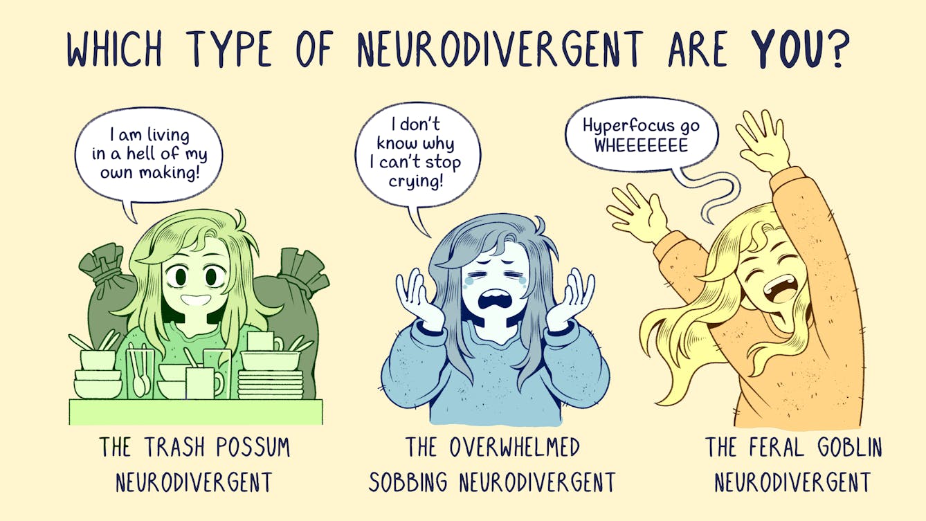 Colourful one panel comic with a pale yellow background. Text at the top reads ‘Which type of neurodivergent are you?’ The same character, a girl with long hair, appears five times in different colours. On the top left, the girl appears in green. Text beneath her reads ‘The trash possum neurodivergent’. She is shown behind a messy kitchen counter that is piled high with kitchen crockery and cutlery. There are two large filled bin bags behind her. She is smiling and looking forward. A text bubble comes from her and reads, ‘I am in a living hell of my own making!’ 

To the right the same girl appears in blue. Text beneath her reads, ‘The overwhelmed sobbing neurodivergent’. She is crying hysterically and has both her arms raised. A speech bubble from her reads ‘I don’t know why I can’t stop crying!’ 

To the right the girl appears in yellow. Text beneath her reads ‘The feral goblin neurodivergent’. She is stood up with her hands waved in the air, and she has an elated facial expression. A speech bubble from her reads ‘Hyperfocus go WHEEEEEE’

On the bottom left the same girl appears in pink. Text beneath her reads ‘The shutdown and shut-out neurodivergent’. She is shown with her arms crossed across her chest and her fist clenched. She is frowning and clenching her teeth, with her eyes shut and two beads of sweat on her face. A heart rate monitor line is shown behind her. A speech bubble from her reads ‘Do not talk to me. Do not perceive me.’ 

On the bottom right the girl appears in purple. Text beneath her reads ‘The neurodivergent who overthinks which type of neurodivergent they are, even though there are no stakes.’ The girl is shaking frantically, with sweat rolling down her face and her hands raised to just below her face and her eyes wide. There are four purple question marks surrounding her. The first speech bubble from her reads ‘Does this truly represent me?’ The second speech bubble from her reads ‘Can I even claim to know myself?’ 
