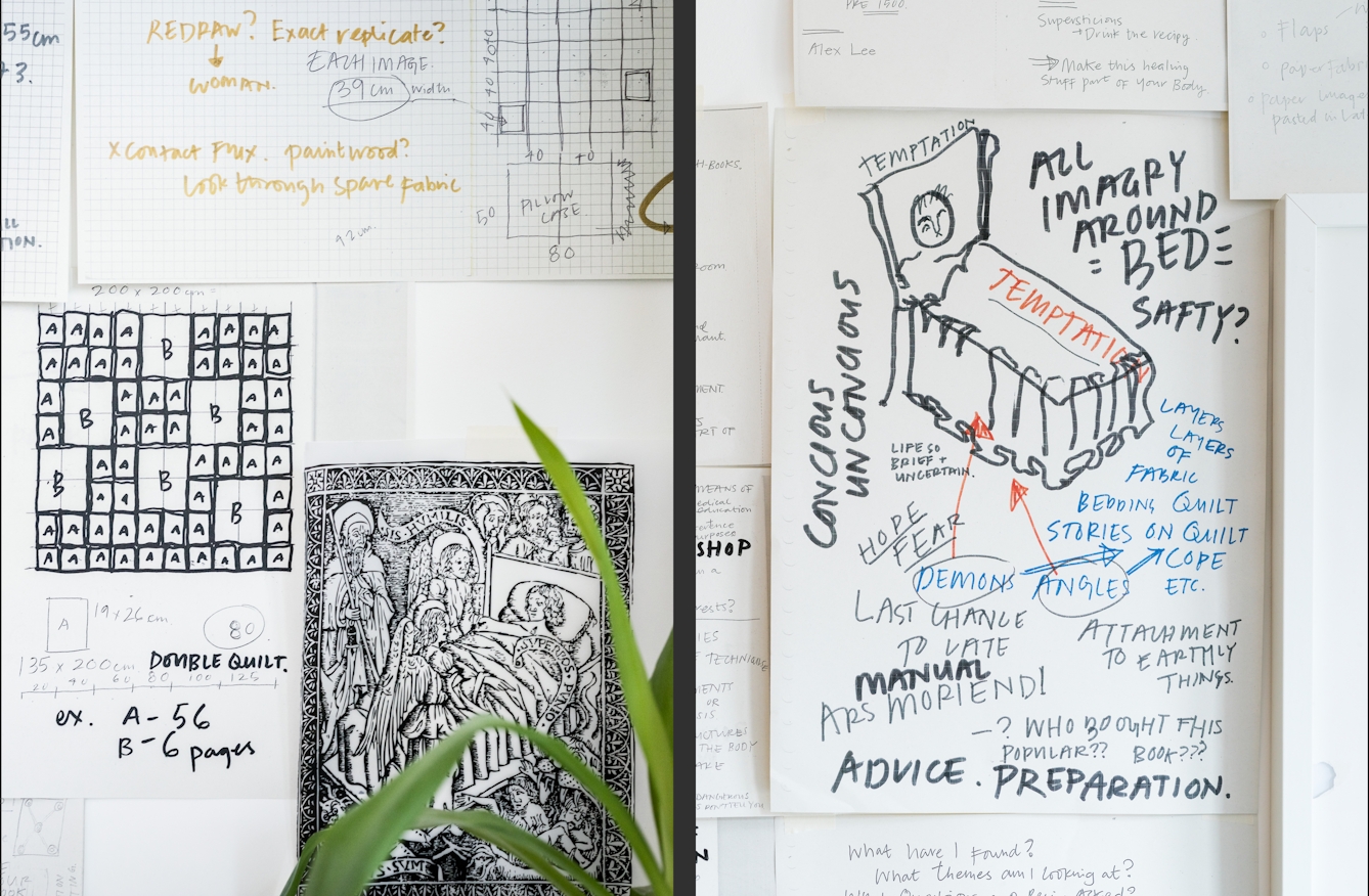 Photographic diptych, both images showing a section of wall covered in pieces of paper which contain sketches and drawings. On the right the sketch depicts a bed with someone lying in it. Written around the bed are the words, All imagery around bed safety?, temptation, conscious unconscious.
