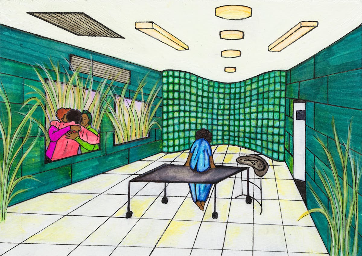 Colourful artwork made with paint and ink on textured watercolour paper. The artwork shows a Black woman in a blue hospital gown sat on a table in a hospital examination room, facing away from us. She is hunched forwards. Around her are is the deco of a hospital room, strip lighting, air conditioning vents and a small table with medical equipment laid out. To her left is are two large windows showing a different reality, one full of plants and the natural world, and a group of 3 people hugging in a gesture of support and understanding.