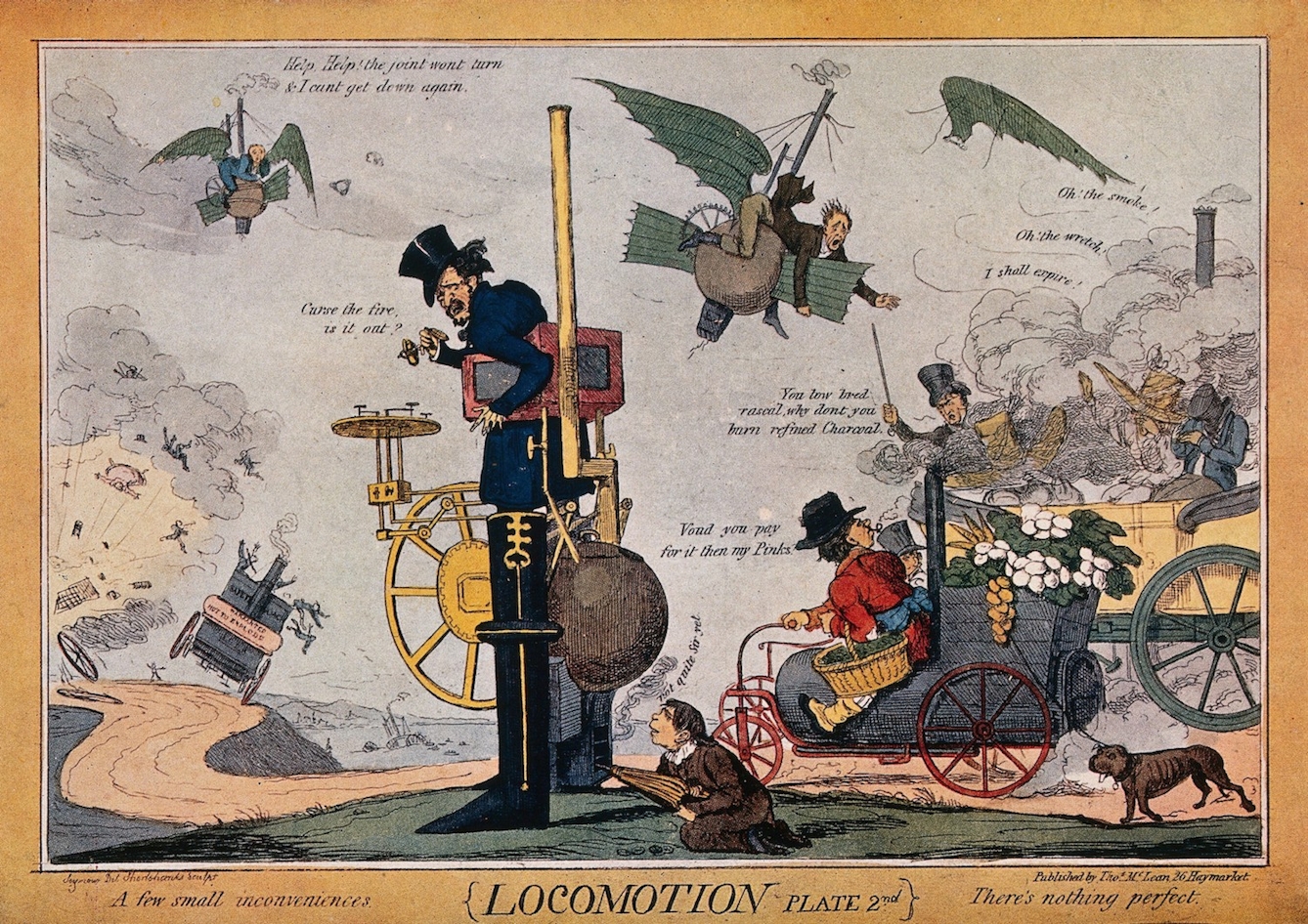 Image of colour ink drawing of men riding strange-looking vehicles which are malfunctioning.