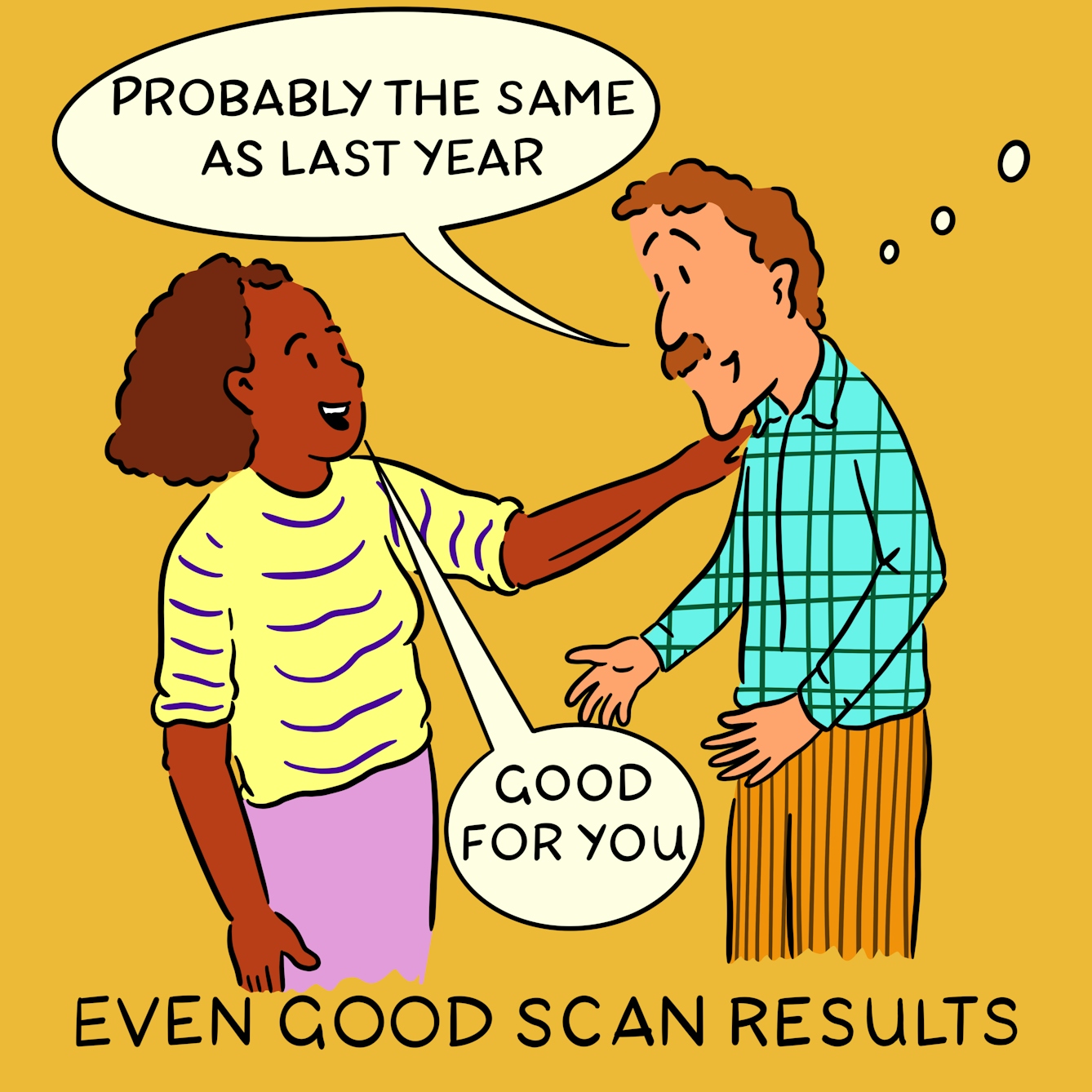 Panel 3 of a four-panel comic drawn digitally: a white man with a moustache and a plaid shirt smiles gently and says "Probably the same as last year" to which a black woman with a stripy yellow shirt places a hand on his shoulder and responds "Good for you". The caption text reads "Even good results"