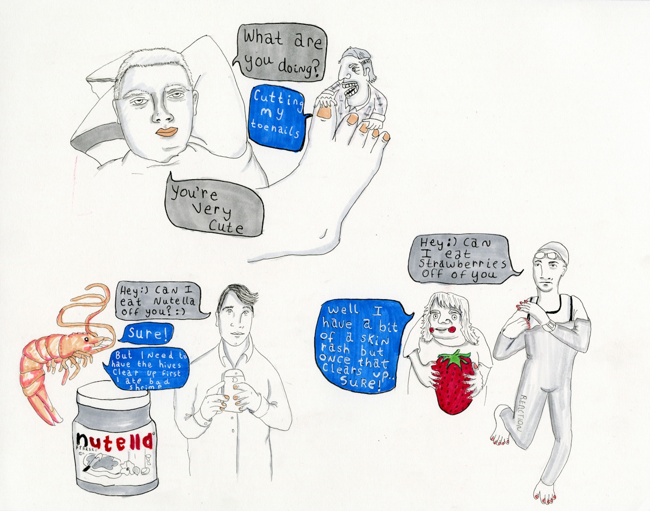 Pen and ink sketches of people, with their Tinder comments handwritten inside speech bubbles.