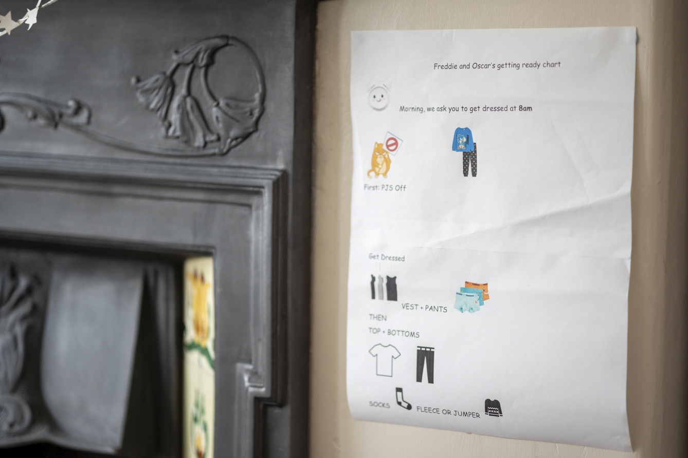 A photograph of a piece of paper on the wall of a home next to a fireplace. The paper is titled Freddie and Oscars getting ready chart, and has times of the day and instructions with graphics.