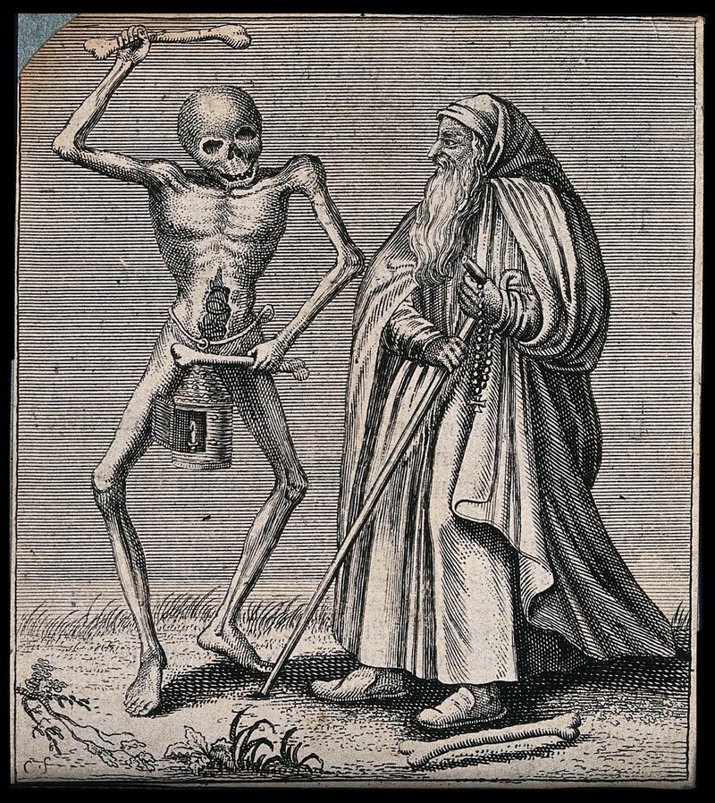 Image of monochrome engraving featuring a dancing skeleton and a bearded man wearing long robes