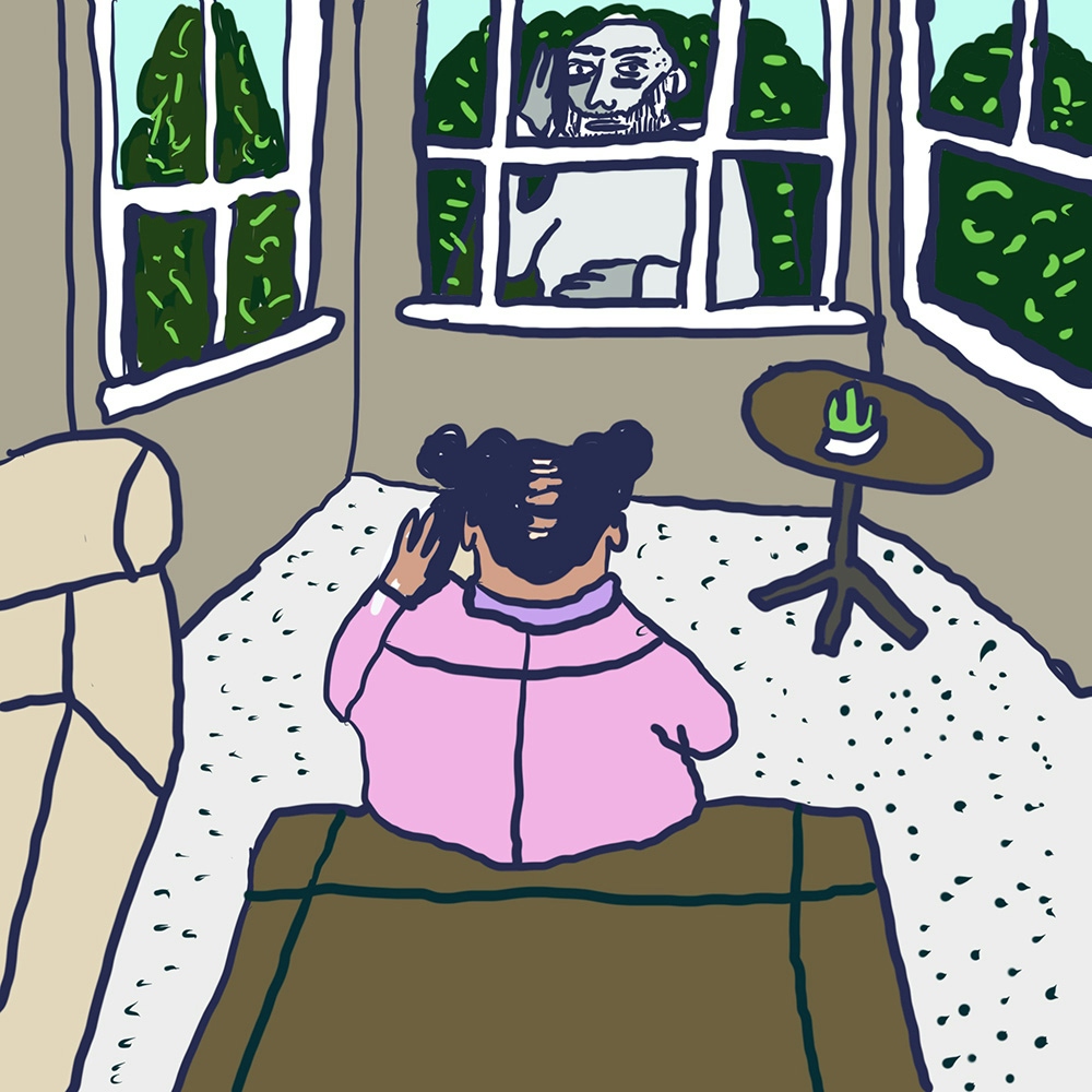 Webcomic showing two individuals, one with their back to the viewer and the other facing. The facing individual is stood outside of a window, whereas the other individual is sat on the other side of the window on a brown object, in a room also including a round brown table.