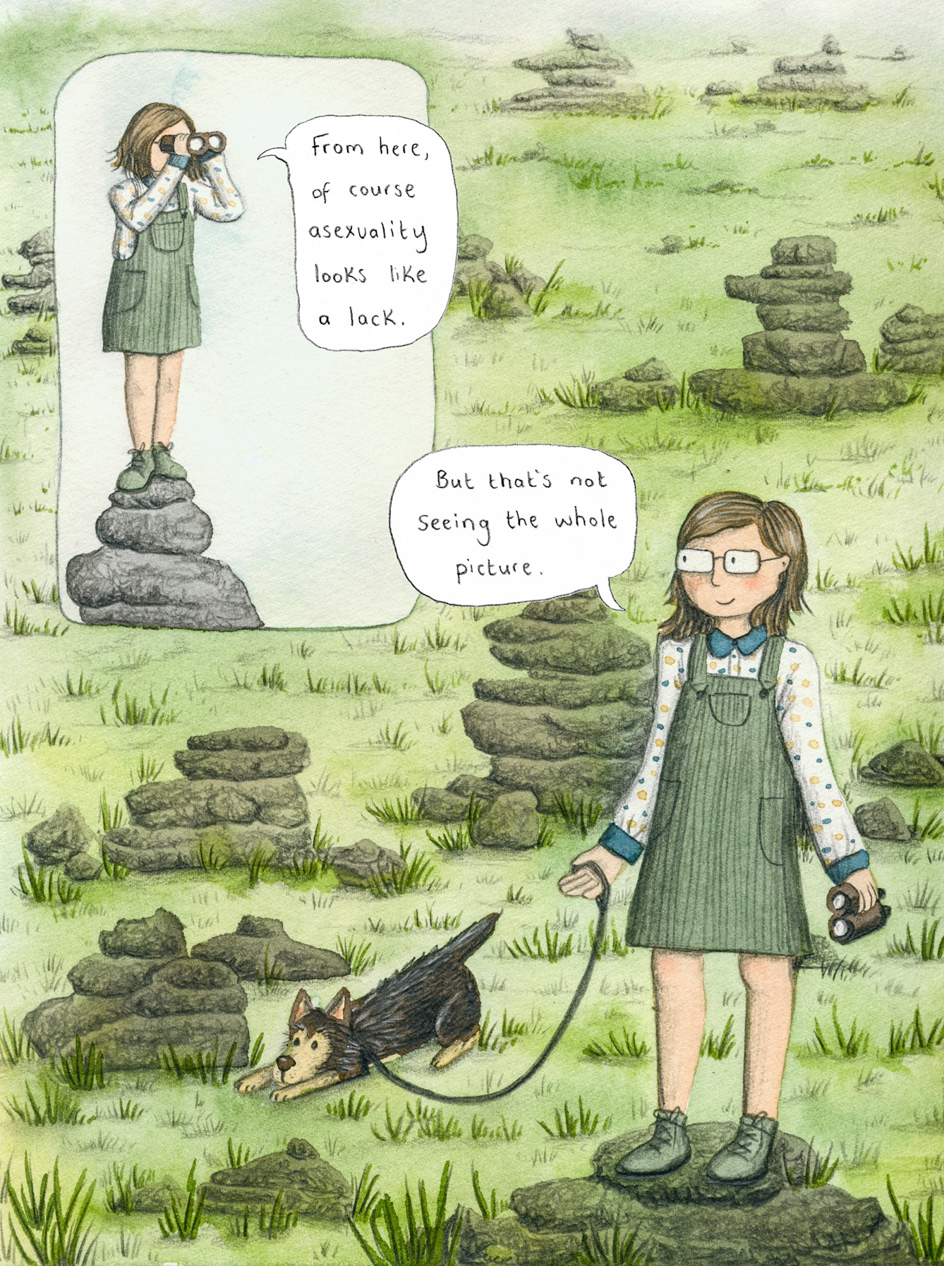 Colourful illustration featuring a white panel overlaid on the feature illustration. 

The panel shows a person with binoculars placed against their eyes. They have shoulder length brown hair and are wearing a polka dot top and green dungaree dress. They are standing on a pile of rocks, a speech bubble reads 'From here, of course asexuality looks like a lack'.

The feature illustration shows the same character standing in a field with rocks. They are holding a lead attached to the collar of a small brown dog. In their other hand is a pair of binoculars. A speech bubble reads 'But that's not seeing the whole picture.'
