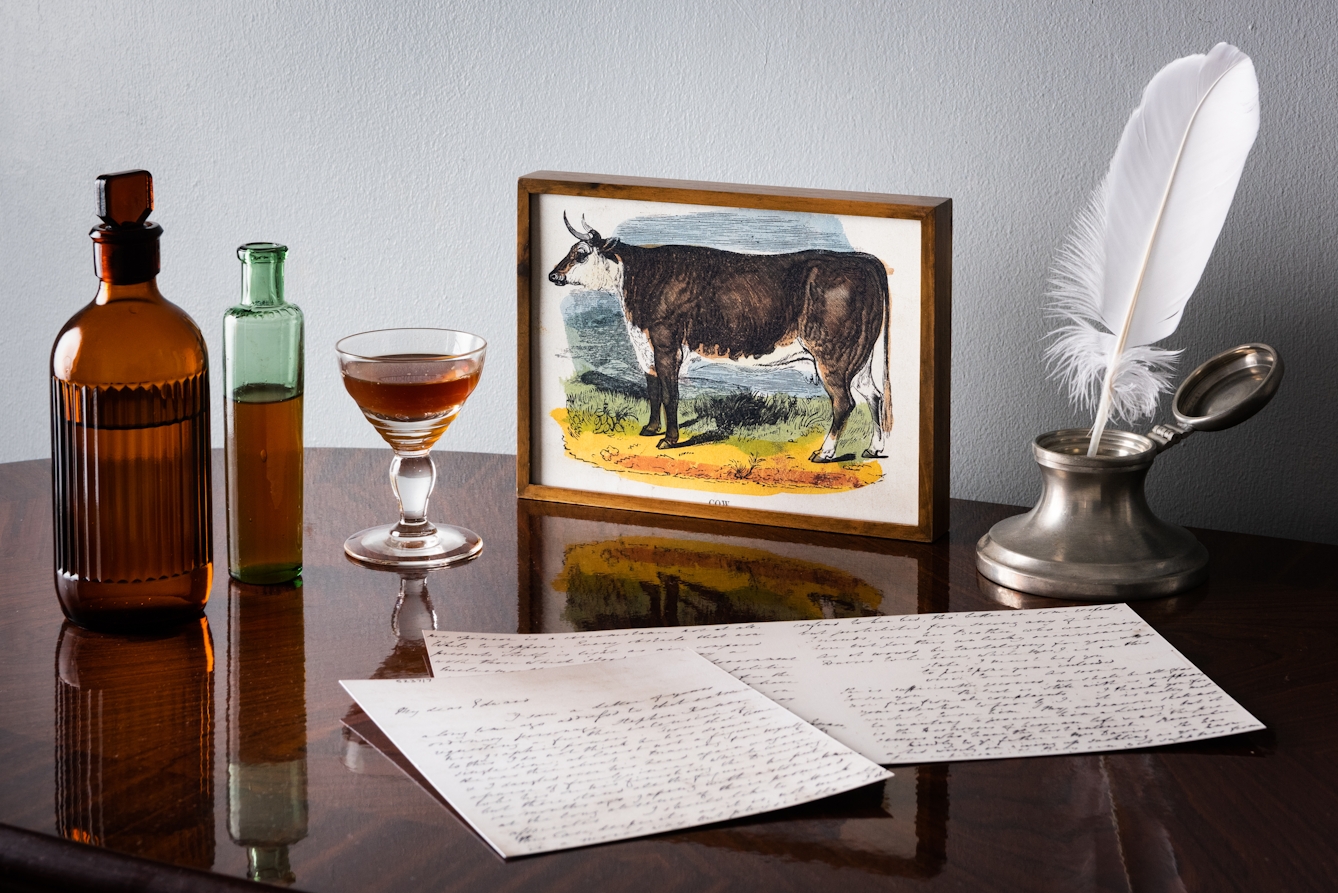 Photograph of a glossy wooden tabletop against a white textured wall. On the table is an illustration of a cow in a wooden frame. Next to the frame is an elegant glass filled with a light brown liquid, two dispensing glass bottles in brown and green glass, a quill in an ink pot and 3 sheets of paper covered in handwriting.