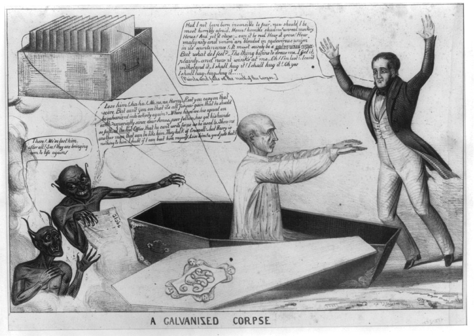 Jacksonian editor Francis Preston Blair rises from his coffin, revived by a primitive galvanic battery, as two demons look on. A man on the right throws up his hands as he is drawn toward Blair, saying: Had I not been born insensible to fear, now should I be most horribly afraid. Hence! horrible shadow! unreal mockery. Hence! And yet it stays: can it be real. How it grows! How malignity and venom are "blended in cadaverous union" in its countenance! It must surely be a "galvanized corpse." But what do I feel? The thing begins to draw me . . . I can't withstand it. I shall hug it! . . . First demon: "There! We've lost him, after all! See! they are bringing him to life again!" Second demon (holding a copy of Blair's newspaper, the "Globe)": Lose him! ha ha! . . . Rest you easy on that score. But can't you see that it's all for our gain that he should be galvanized into activity again? Where have we his equal on earth? especially since dear Amos [Kendall], poor fellow, has got his hands so full, at the Post Office, that he can't write for us as he used to. Show me another man that can lie like him. They talk of Croswell [influential editor of the "Albany Argus" and Van Buren ally Edwin Croswell] but Harry is nothing to him. I doubt if I can beat him myself. Lose him! a good joke that! Weitenkampf tentatively identifies the man at right as Amos Kendall, but the likeness differs considerably from that found in other caricatures of Kendall.