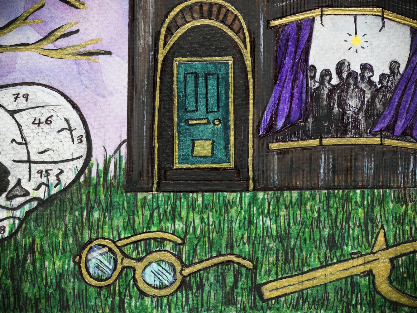 Detail from a larger colourful artwork made with paint and ink on textured watercolour paper. The artwork shows a dark grey gothic style building in the centre with purple curtains. The curtains in the downstairs bay window are drawn back and billow in the wind. Standing in the room are a group of dark silhouetted figures, looking out. Surrounding the house is a landscape of green grass on which are a selection of objects all at different scales. Theres a pair of glasses, and a human skull divided into numbered sections.