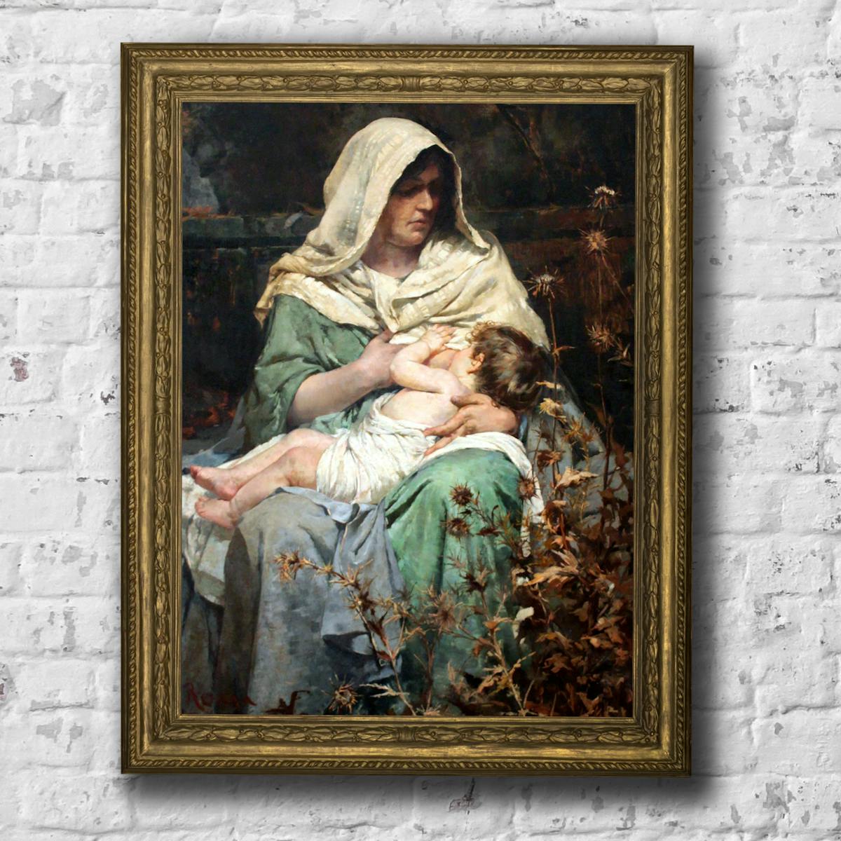 An image of an oil painting depicting a mother breastfeeding a child which is laying on her lap. The painting is in a gilt frame and appears against a white brick wall.