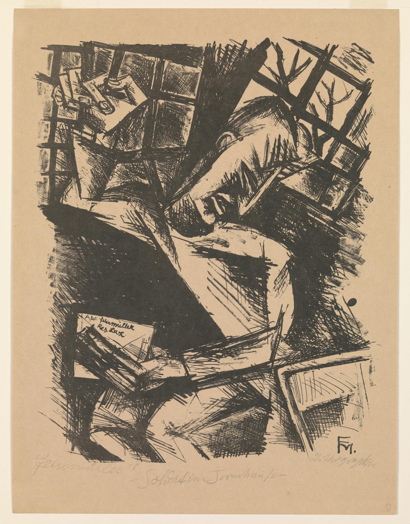 Photograph of a lithograph by Conrad Felixmüller in 1918. It shows a man seated in a cell, holding a letter in one hand and clasping the window bars with the clenched fingers of his other hand.