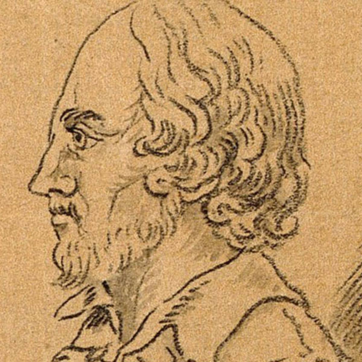 Drawing of William Shakespeare in profile view, brown background.