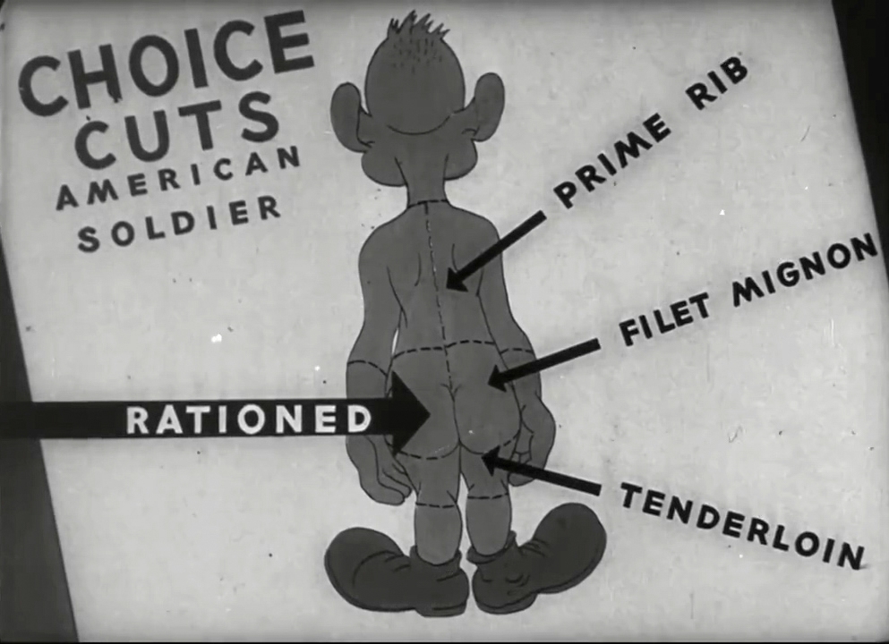 Black and white still image from the film 'Private SNAFU vs. Malaria Mike', showing a picture of Private SNAFU with his body annotated in the manner of a butcher's meat cuts diagram. It is titled 'Choice cuts: American soldier.' Different parts of SNAFU are labelled 'prime rib', 'filet mignon', 'tenderloin', and 'rationed.'