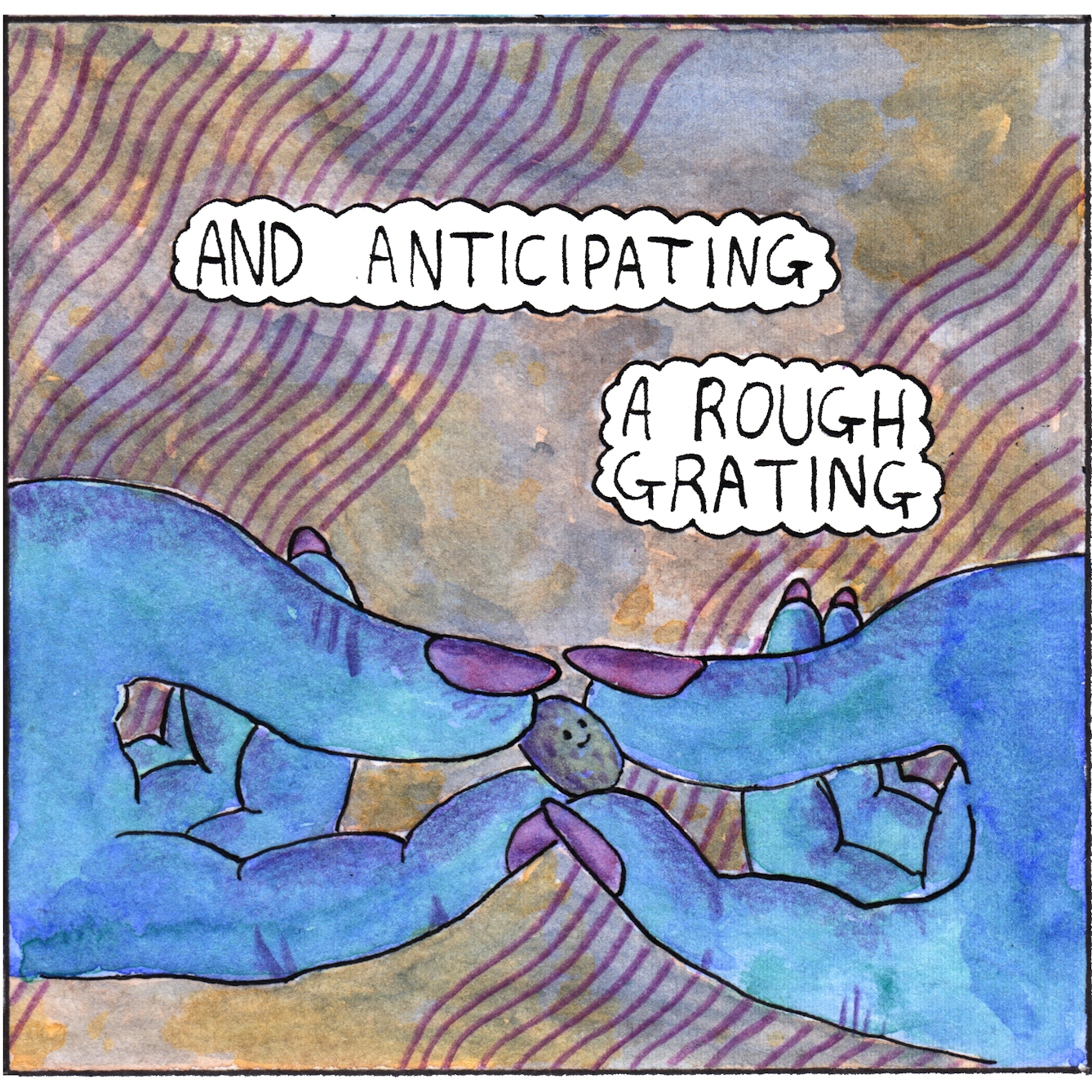 Panel six of the web comic 'Nutmeg': Two large blue hands are holding the smiling nutmeg lightly between thumbs and forefingers. The background is the brown and purple-striped inside of the barista's apron pocket. Text bubbles read “And anticipating a rough grating” 