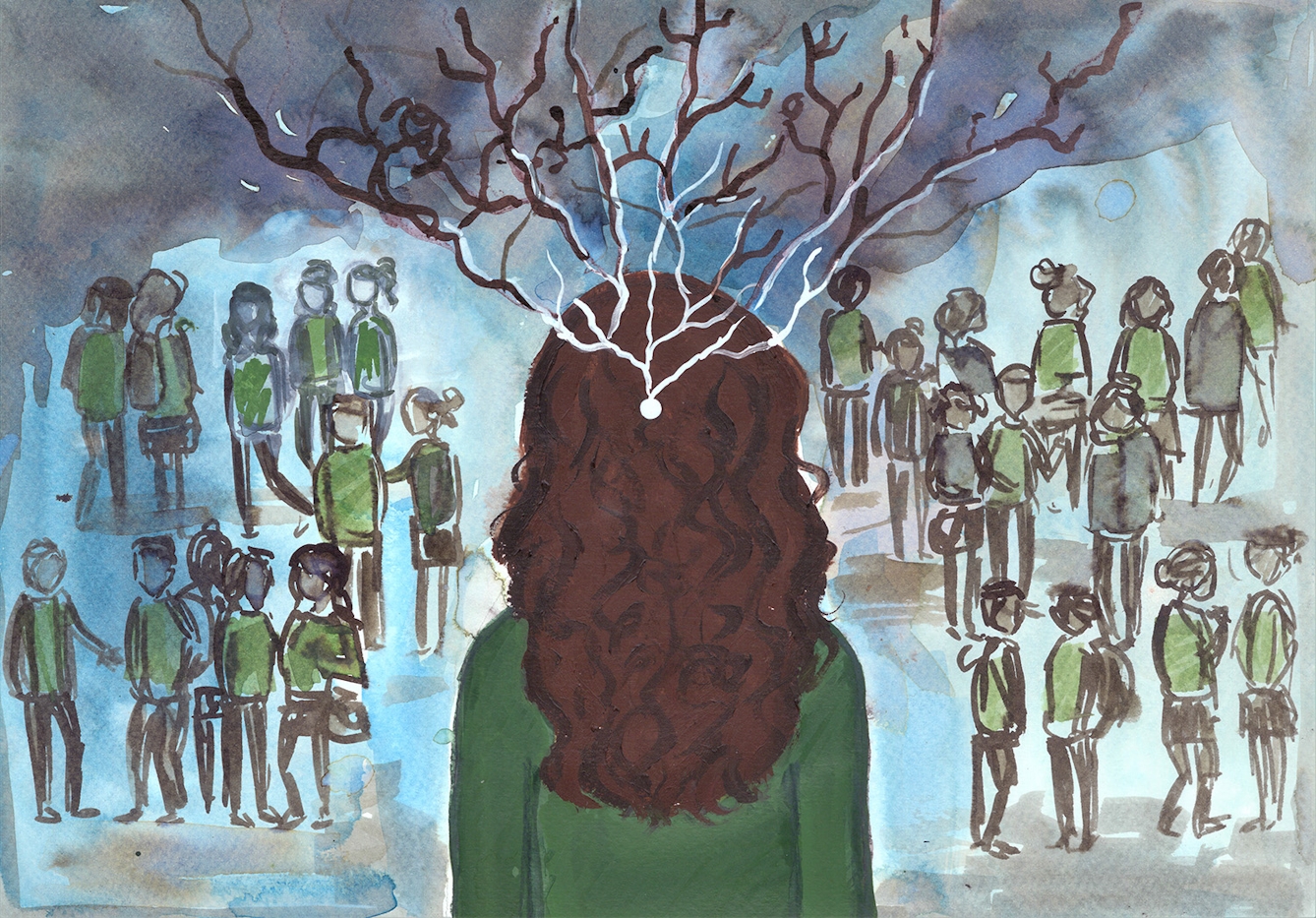 Photograph of a watercolour painting. In the centre foreground is a girl with brown curly hair. Her back is turned away, and she is looking out onto a group of several dozen school children. A white circle, representing the contraceptive pill, is shown in the centre of her head. A white branching line is coming out of the pill, with the branches extending out of the girl's head towards the sky. The children are wearing green uniform and are chatting in a number of small groups. Their faces are not clear. The sky is a  murky dark blue. 