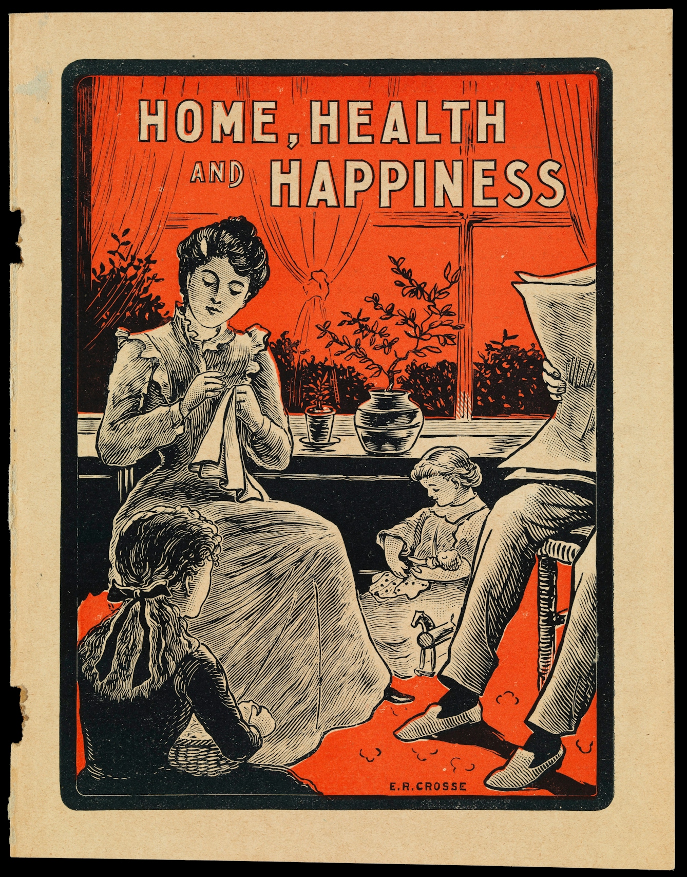 Poster in black, white and red depicting a family in Edwardian clothes, mother sewing with two children playing at her feet and father's legs and newspaper just showing at the edge.