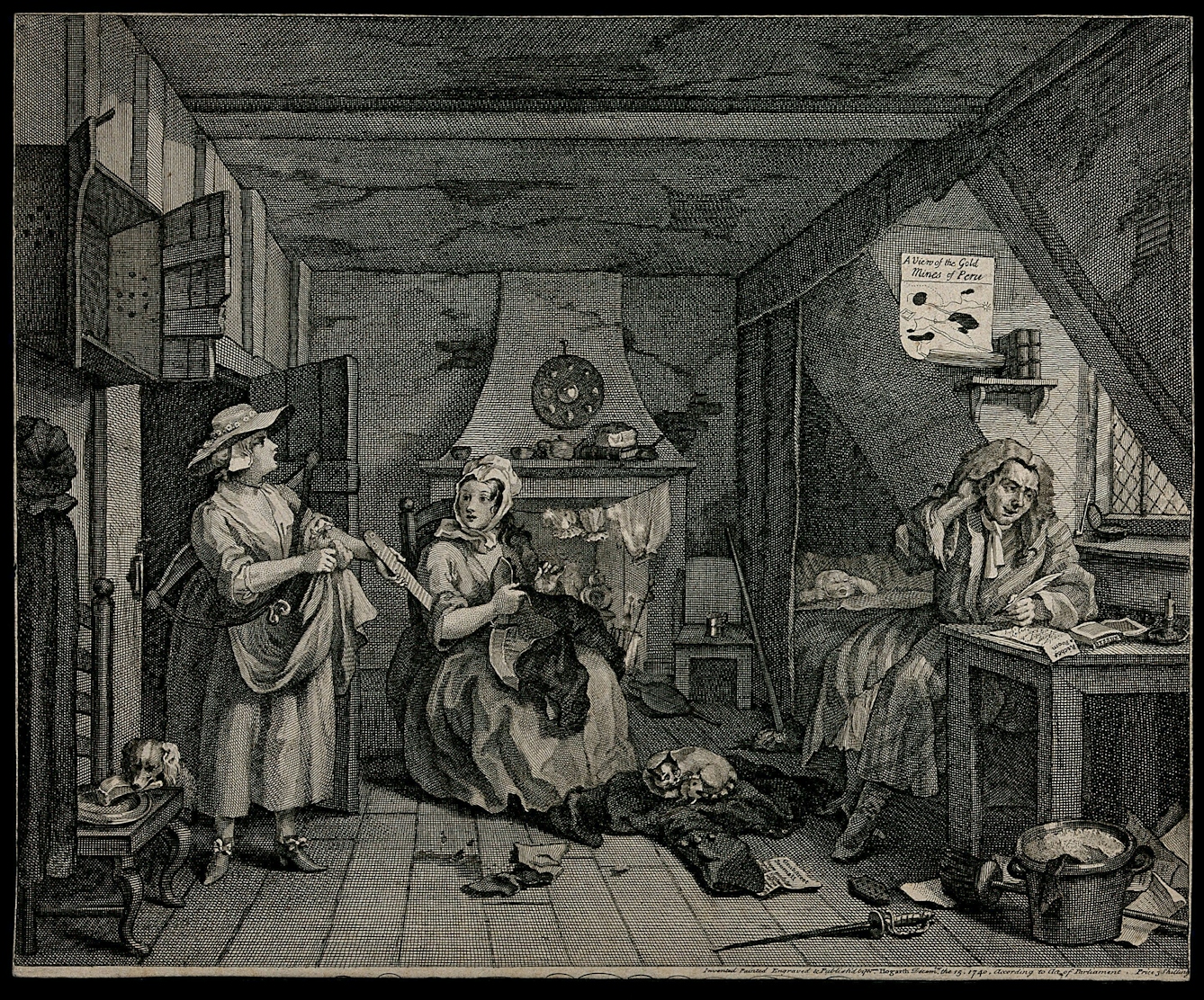 Black and white engraving showing a woman in a doorway brandishing evidence of the debt owed to her by the man sitting on the end of a bed, who looks away and scratches guiltily at the back of his neck under his wig. A woman sitting sewing beside the fireplace looks surprised and an infant sleeps in the bed behind the man. A view of the gold mines of Peru is pinned up over the bed but the walls are in disrepair and the open cupboard is empty.