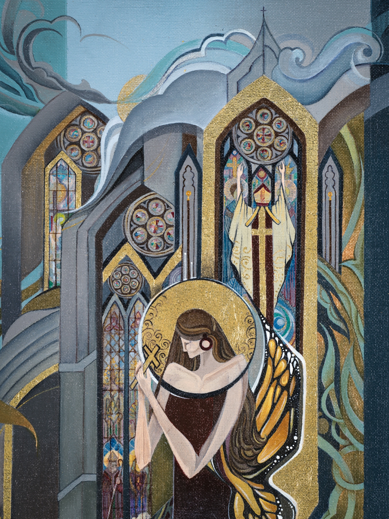 Artwork in acrylic paint on canvas showing a stylistic portrayal of a woman holding a crucifix, set within a scene of christian stained glass, arched windows and cathedral-like structures. Behind her head is a large golden halo-like form and butterfly wings seem to protrude on her left hand side. In the distance blue cloud filled Skys frame the arched structures.