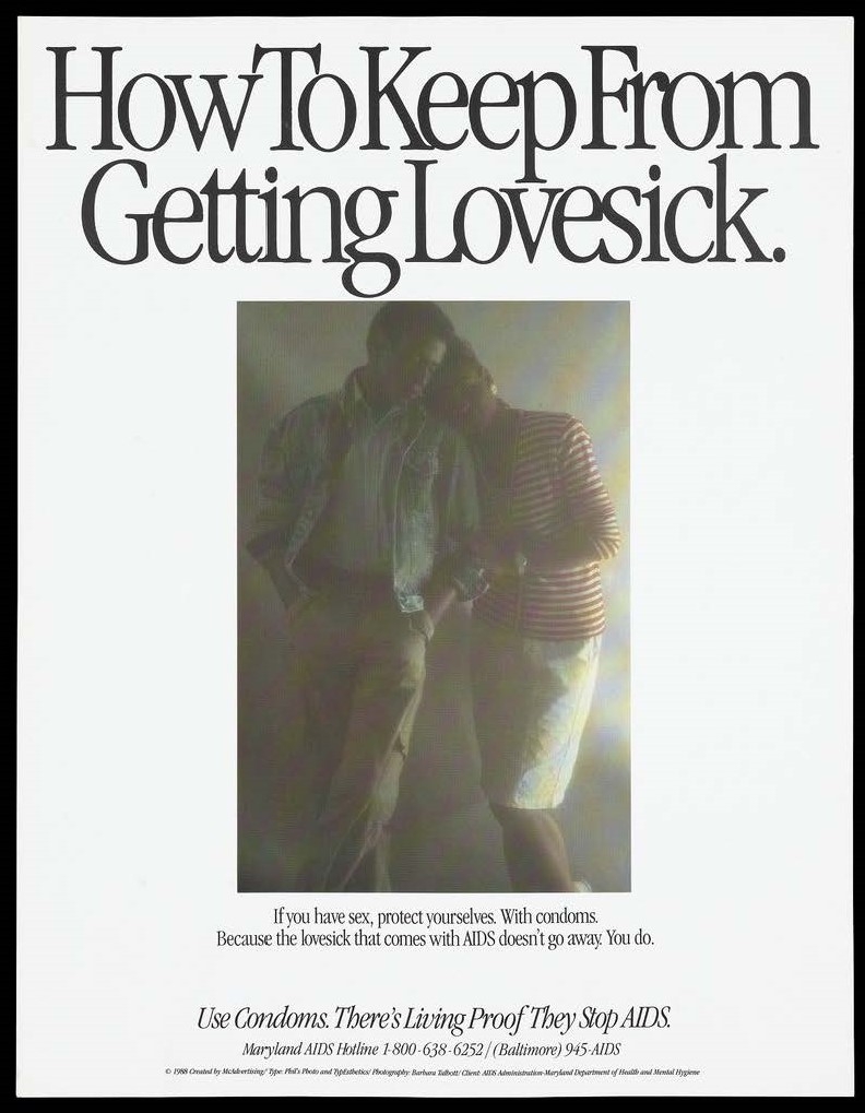 Poster titled "How to Keep from Getting Lovesick", showing a photograph of a cuddling couple and instructing people to use condoms.