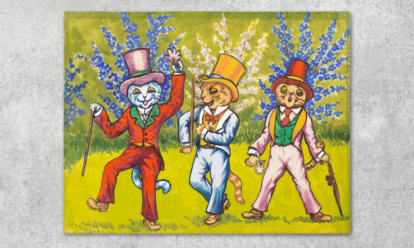 Photograph showing a work of art against a grey concrete textured background. The artwork shows three cats wearing top hats, waistcoats and suits, holding sticks or an umbrella, and performing on a lurid green lawn with blue and grey bushes in the background.