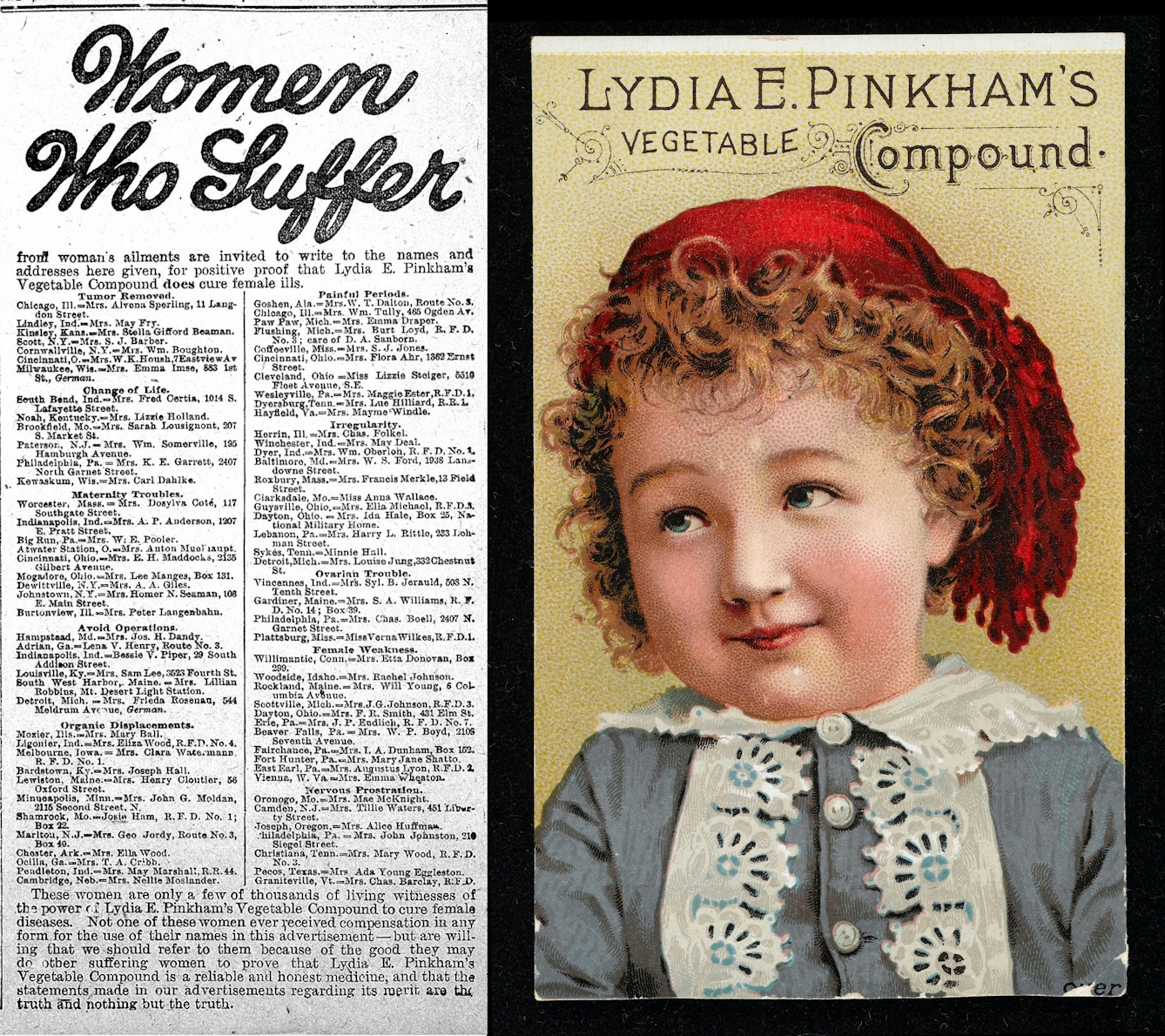 Left is a newspaper advertisement titled "Women Who Suffer", right is a trade card featuring a young girl wearing a red hat, both advertising Lydia E. Pinkham's "Vegetable Compound".
