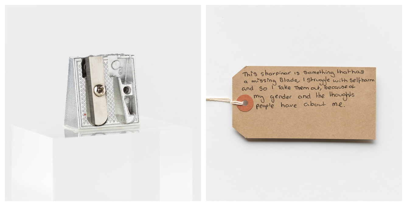 Photographic diptych showing a handwritten brown card label on the right and a pencil sharpener with one blade missing on the left.