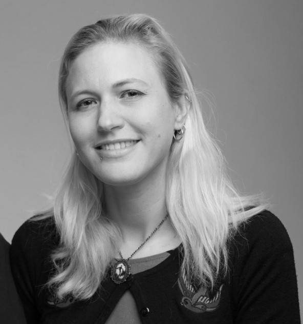 Black and white photo head shot of Sarah Chaney 