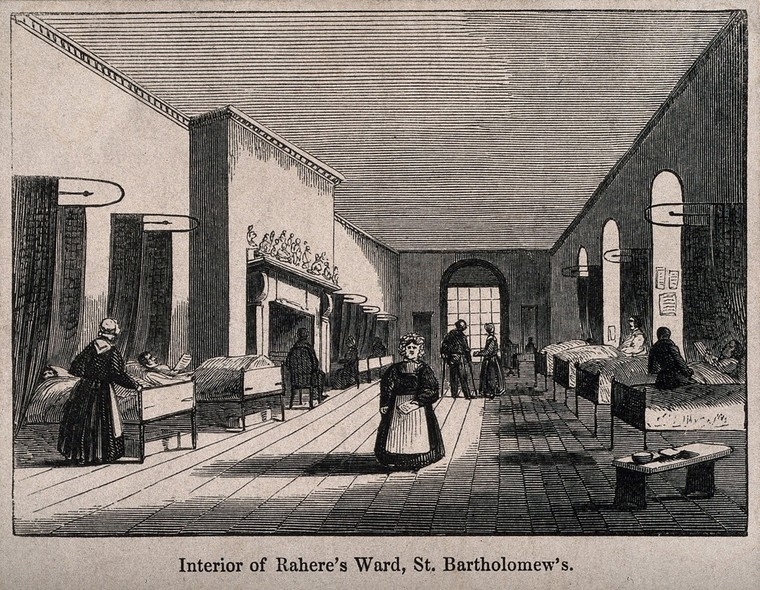 Black and white illustration of a plainly decorated hospital ward, with beds lined up around the walls and a wide walkway in the centre of the room. There are patients in the beds, some with visitors seated alongside, and three nurses at work.