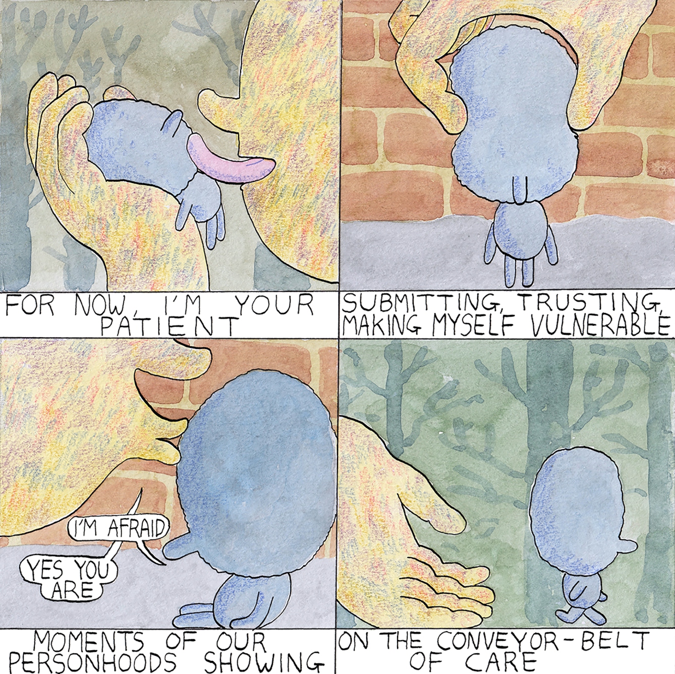 Patient comic by Rob Bidder. It depicts a small blue figure being handled by a larger figure in four different frames, with accompanying text. 