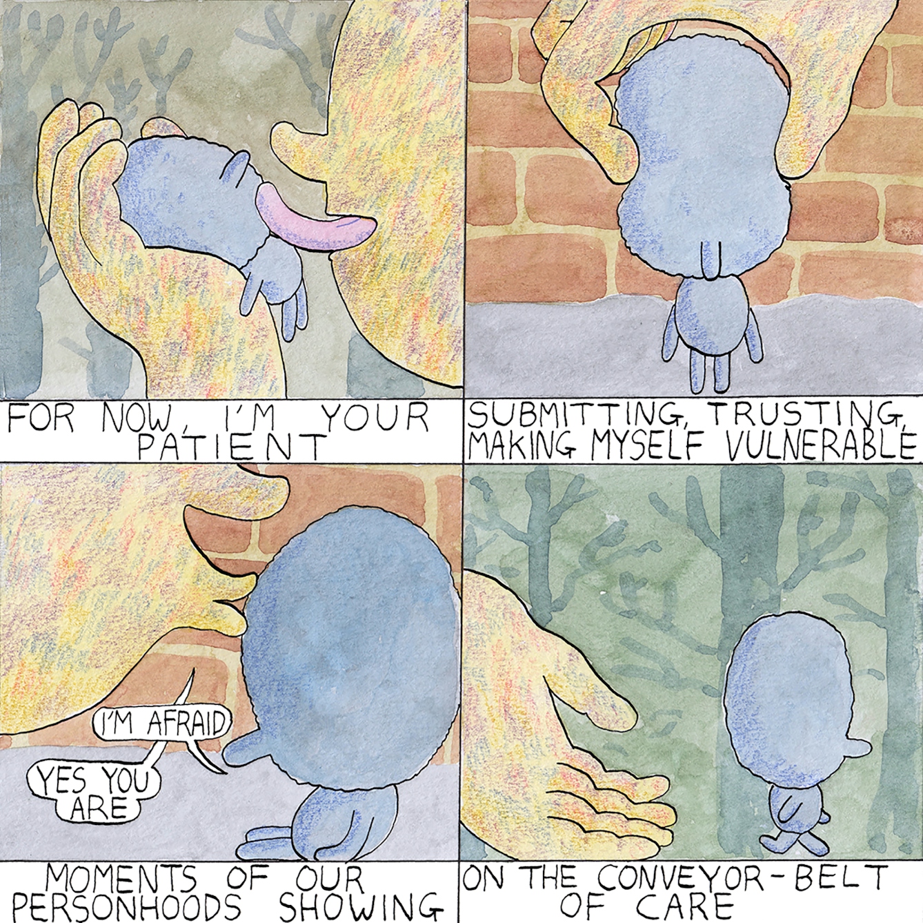 Patient comic by Rob Bidder. It depicts a small blue figure being handled by a larger figure in four different frames, with accompanying text.