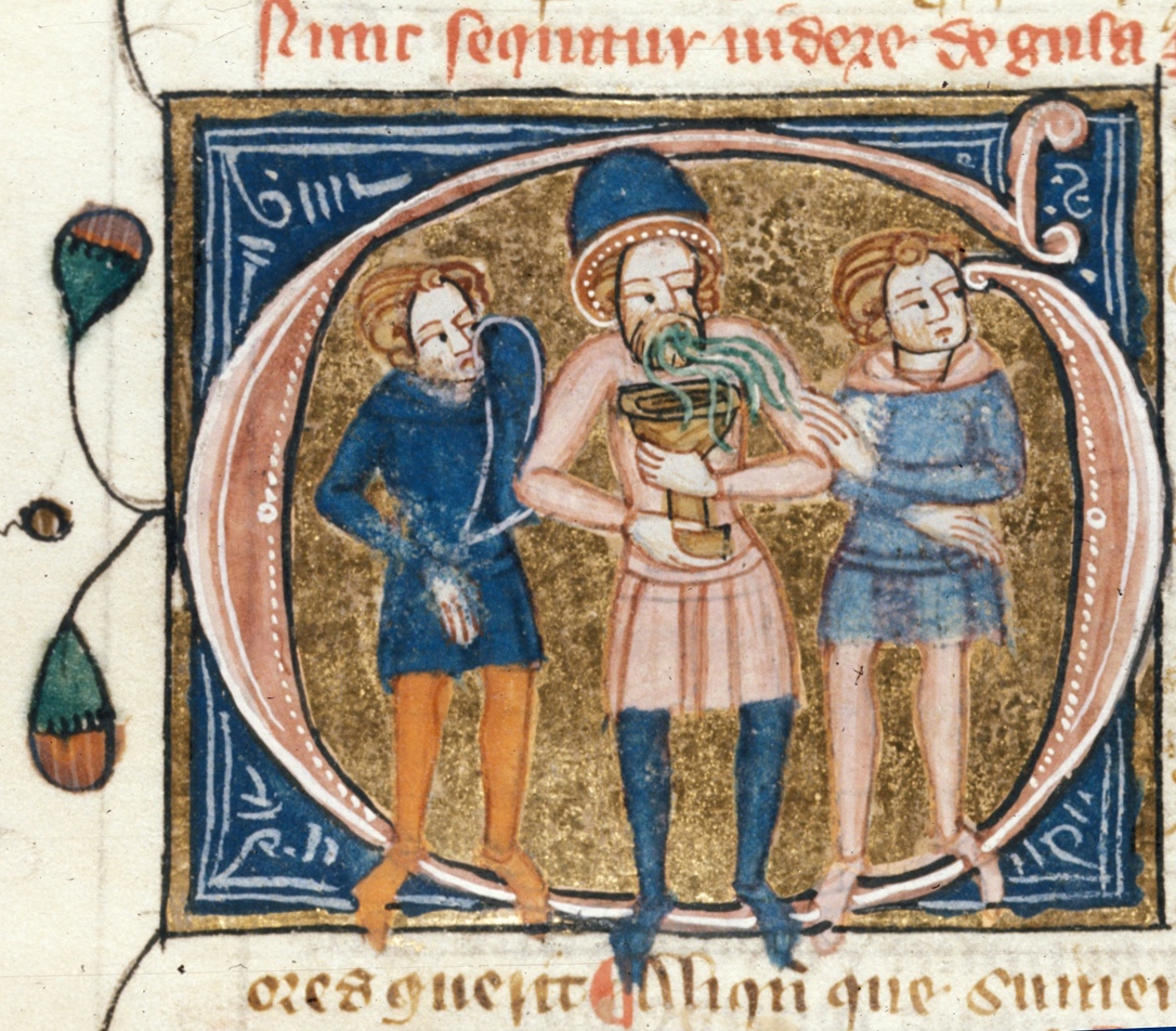 Detail of a historiated initial 'G'(ula) of a man vomiting into a bowl beside two other men. 