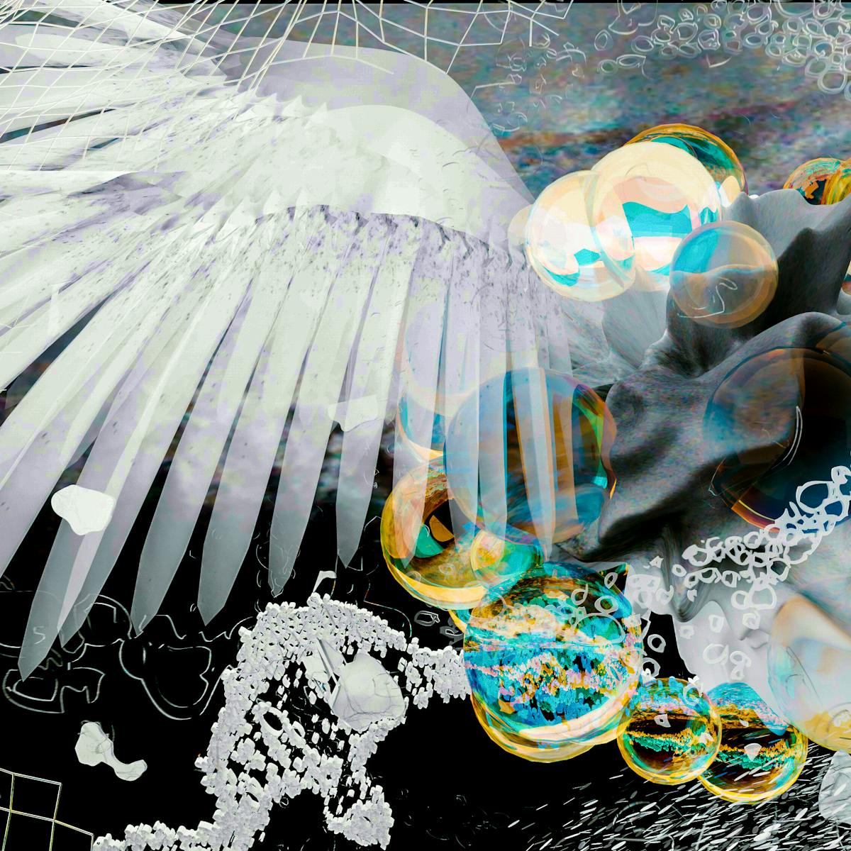 Mixed media artwork depicting a detail from a larger diorama. The scene is rich in details showing a pair of white angel wings on the left, connecting to a ring of bubbles on the right. Overlaying and underlaying these elements are topographical contour lines, and a multitude of other shapes and objects resembling molecules and bubbles. The basis of the artwork is black and white in tone, but it is punctuated by the brightly coloured objects bubbles of yellows, blues and greens.