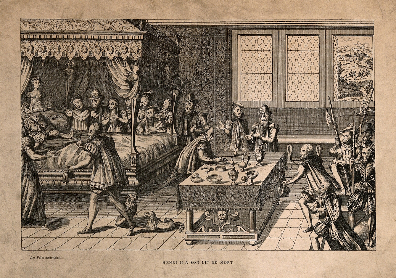 Process print of King Henry II of France on his deathbed. Members of the royal family and royal household are in attendance. The king 's arm rests across his body, as he looks to his right towards a member of the royal household. 
