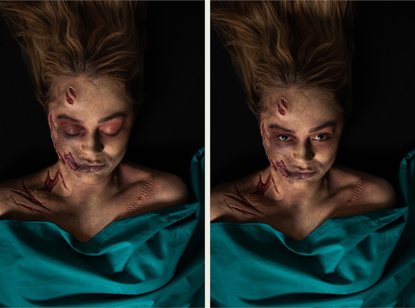 Photographic diptych. The image on the left shows the head and shoulders of a woman lying on her back on a black background. Her chest is covered with a green surgical sheet. She has her eyes closed and her blond hair falls back onto the tabletop. She has prosthetic makeup applied which creates the realistic effect of the left side of her face, neck and shoulders having been slashed with a knife. The makeup reveals the layers below the skin. On the right side by her shoulder there is makeup which creates the impression of a long surgical cut which has been stitched up. The image on the right is exactly the same only the woman's eyes are open and looking straight into the camera. 