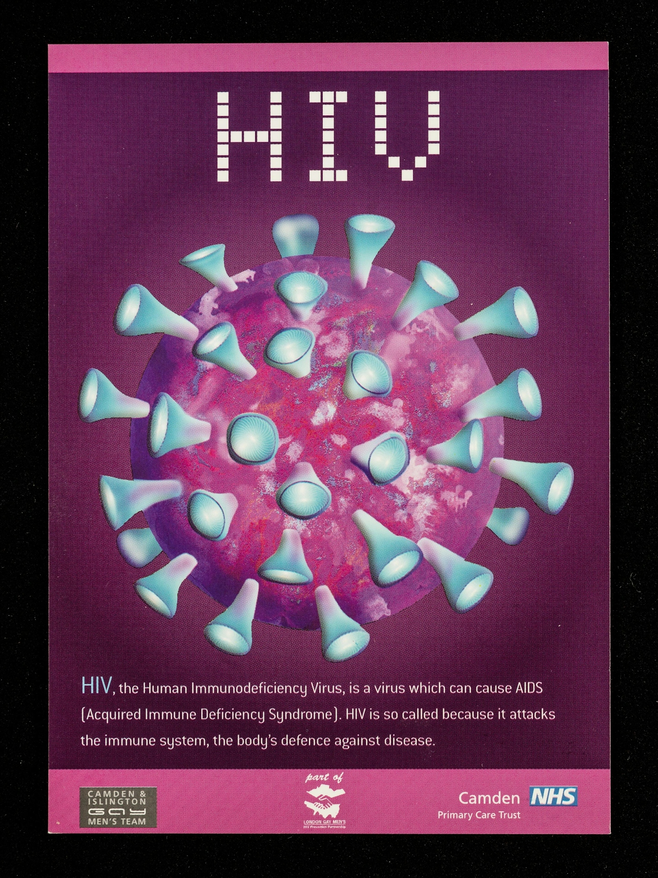 Purple and pink poster featuring a large illustration of the HIV virus