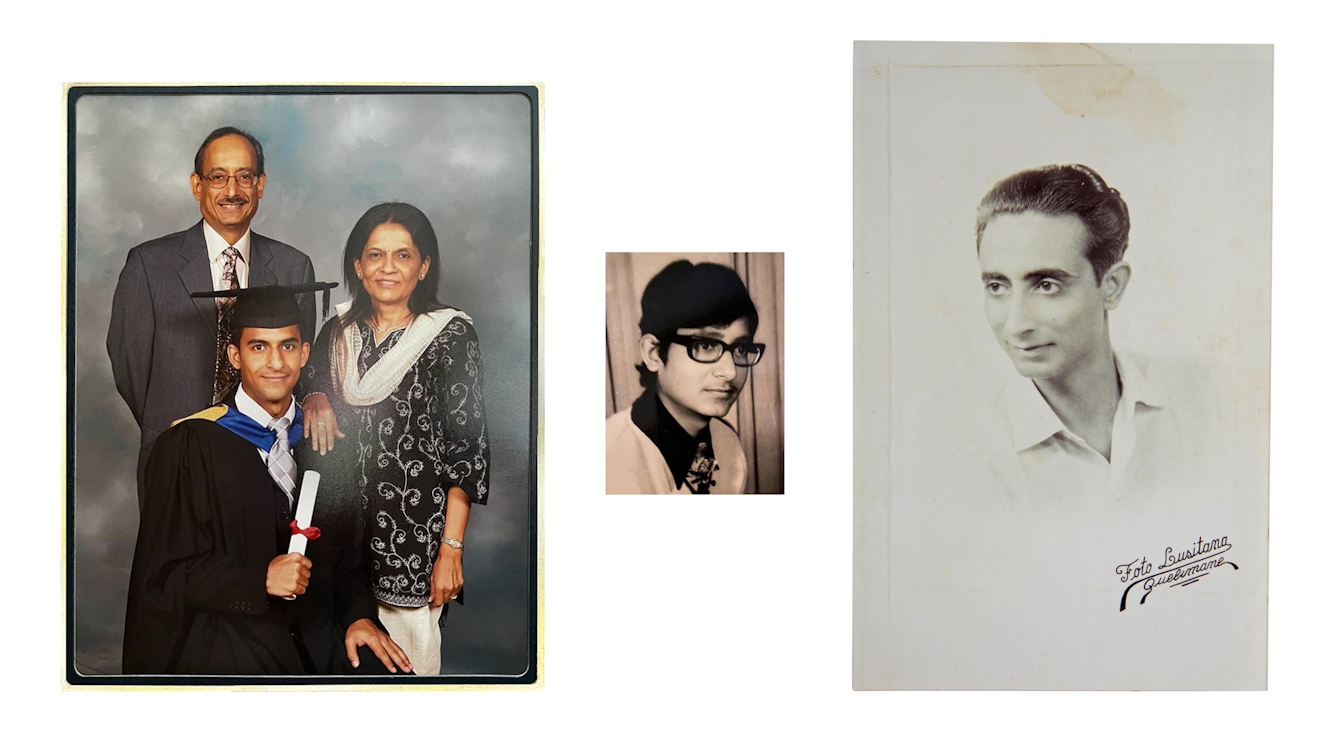 A group of 3 family archive photos ranging in date from 1949 to 2008. The photos show a son with his parents on graduation day and two professional studio portraits of young men. Each photograph shows a different generation but similarities can be seen across the set.