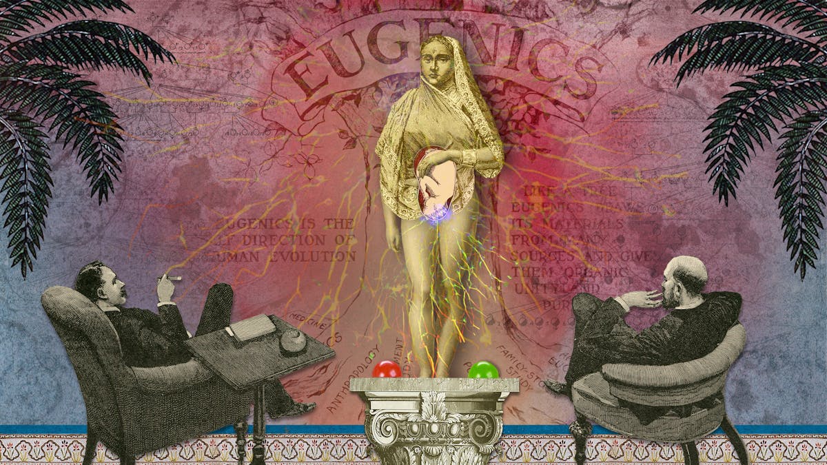 Illustration using collage techniques. Image shows a scene made up of mainly red and blue hues. In the centre of the image stands a woman on an ornate pedestal, naked from the waist down. Her left hand rest on the top of a superimposed illustration of a baby in the womb. Either side of her feet is a green domed light to the right and a red one to the left. Seated either side of her are two Victorian clan men reclining in comfortable chairs staring at her, one holding a cigar.  In the background can be seen the word 'Eugenics' and floral and palm leaf motifs.