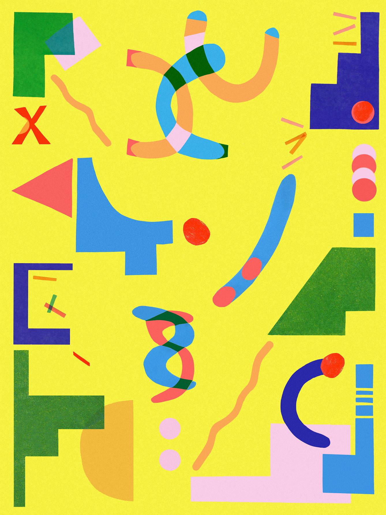 Abstract colourful artwork. The artwork has a yellow background with abstract letters and shapes scattered across it. The shapes and letters are in a variety of bright colours: orange, pink, blue and green. The shapes and letters intersect and blur into one another. Several of the shapes are stacked on top of other shapes. 