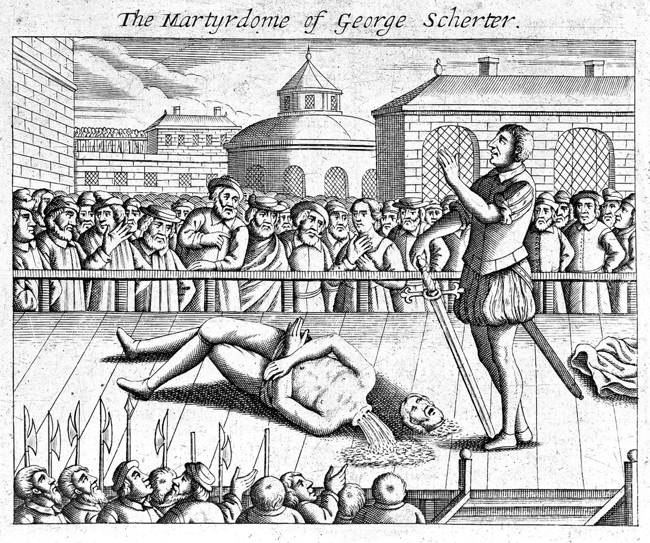Black and white etching showing a person laying on scaffold boards wearing only breeches with their head severed and laying in the opposite direction to the body, which has blood pouring from the neck. The executioner, with rolled up sleeves and a sword resting on the ground, has their left hand raised to the crowd, who appear shocked. 