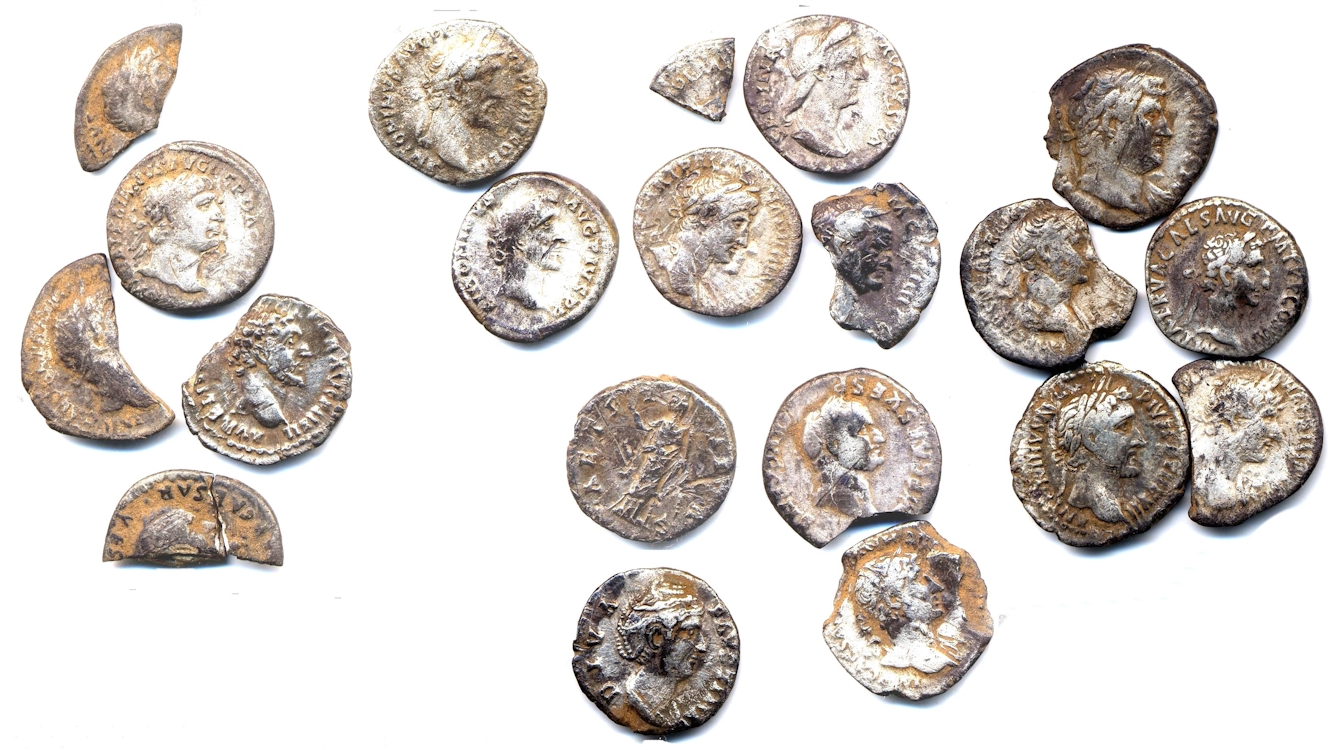Colour photograph of a hoard of silver Roman coins.