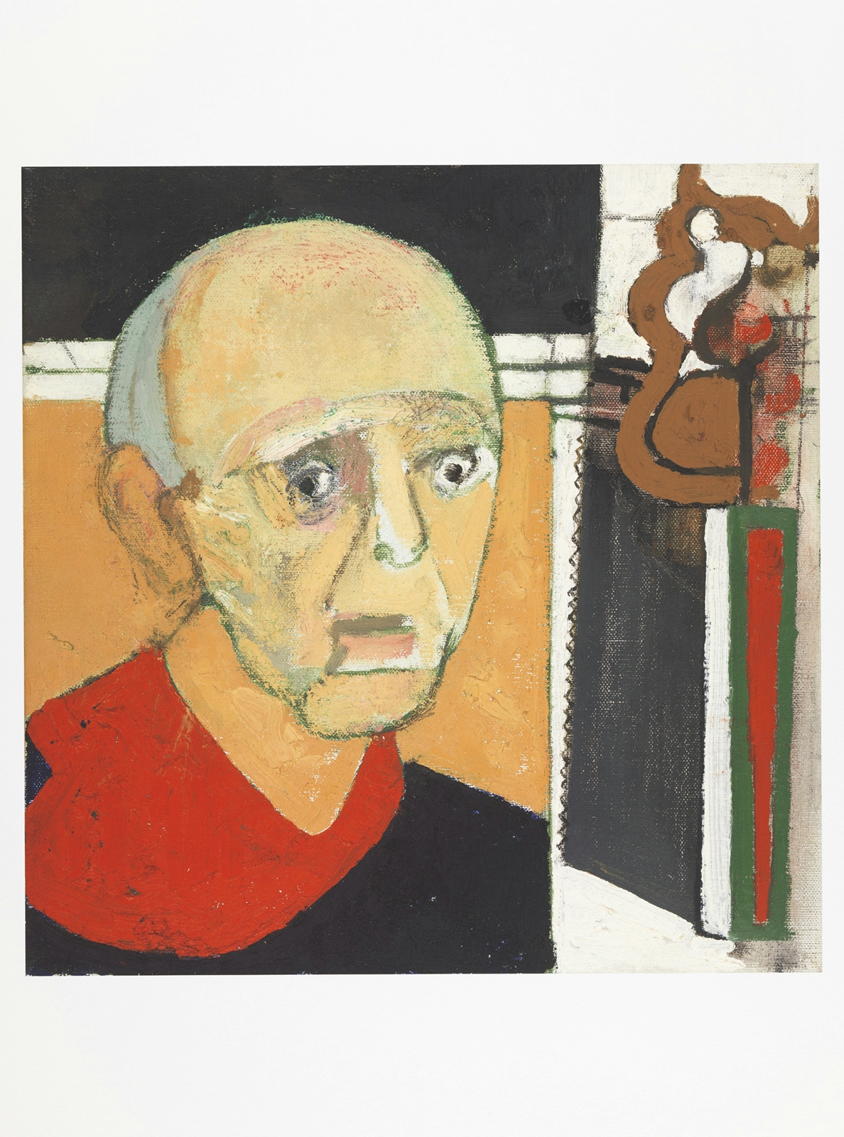 Digital reproduction  of giclee print made by William Utermohlen. It shows the head and shoulders of a man, with a large handsaw on the right hand side.