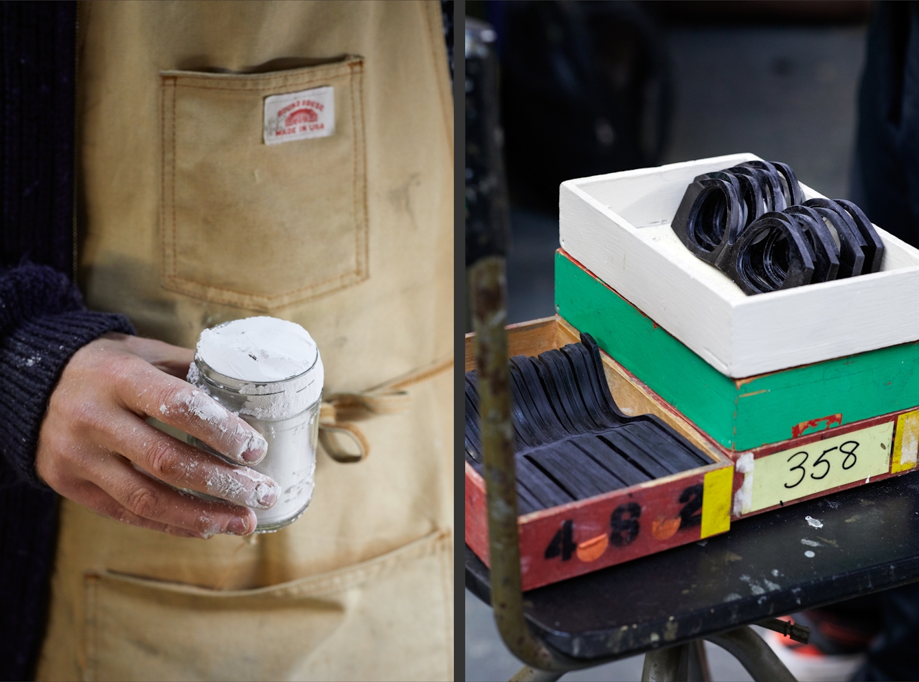 Photographic diptych. The image on the left shows a close up view of a man wearing a brown apron holding a glass jar full of white powder. Some of the power is caked over his fingers. The image on the right show a close up view several boxes stacked on a work stool. The boxes contain unfinished spectacle frames.