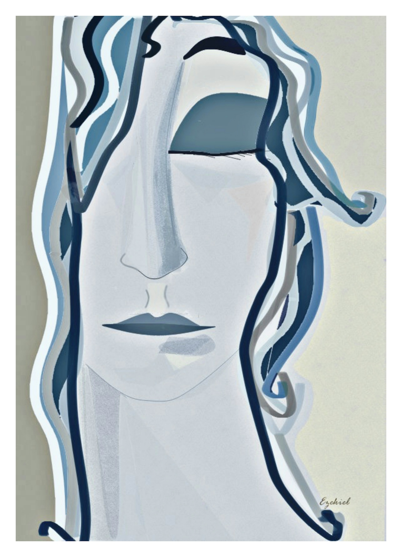 Digital artwork depicting a female face from the base of her neck to the middle of her forehead. The figure has her left eye closed and her right eye is covered by her hair which falls down over her cheek. The artwork is constructed with blue, grey and putty coloured lines and shades. To the right of the artwork is the signature, 'Ezekiel'.