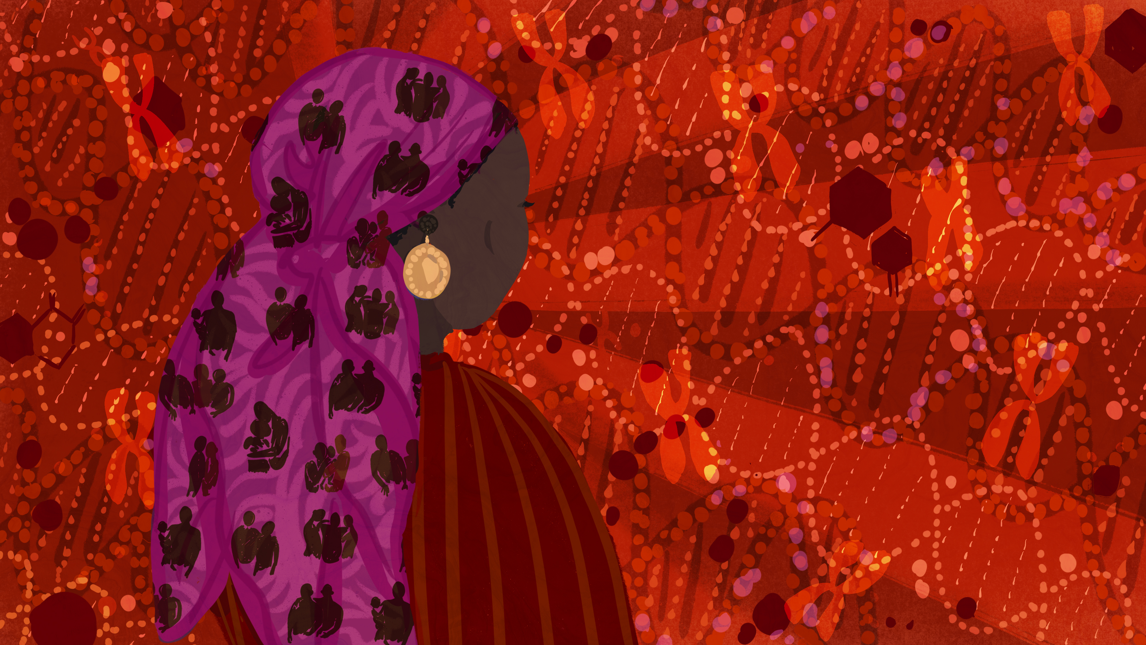 An illustration of a black woman, with a viewpoint looking over her right shoulder. She is wearing a headscarf depicting family groups and in the background are representations of DNA strands and chromosomes.