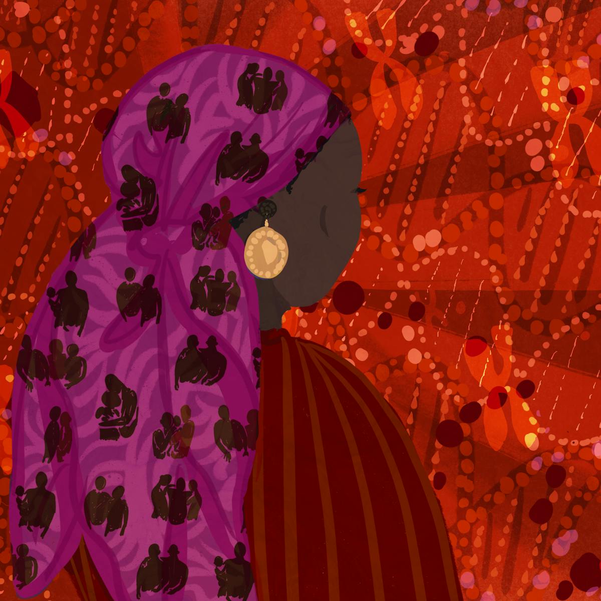 An illustration of a black woman, with a viewpoint looking over her right shoulder. She is wearing a head scarf depicting family groups and in the background are representations of DNA strands and chromosomes.