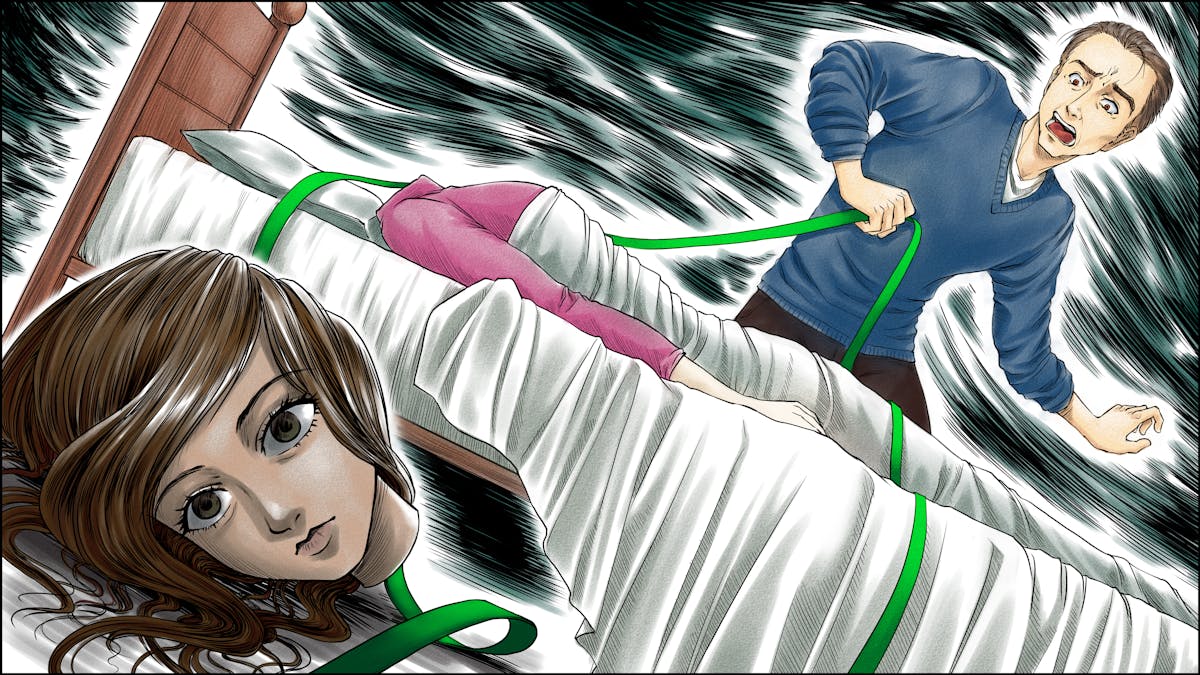 Illustration in the style of Manga graphic novels, showing a decapitated woman's head on the floor. Her body is lying behind her on a bed. Behind the bed stands a man with a horrified expression on his face. A long green ribbon trails from his hand, over the bed to the neck of the woman's head.