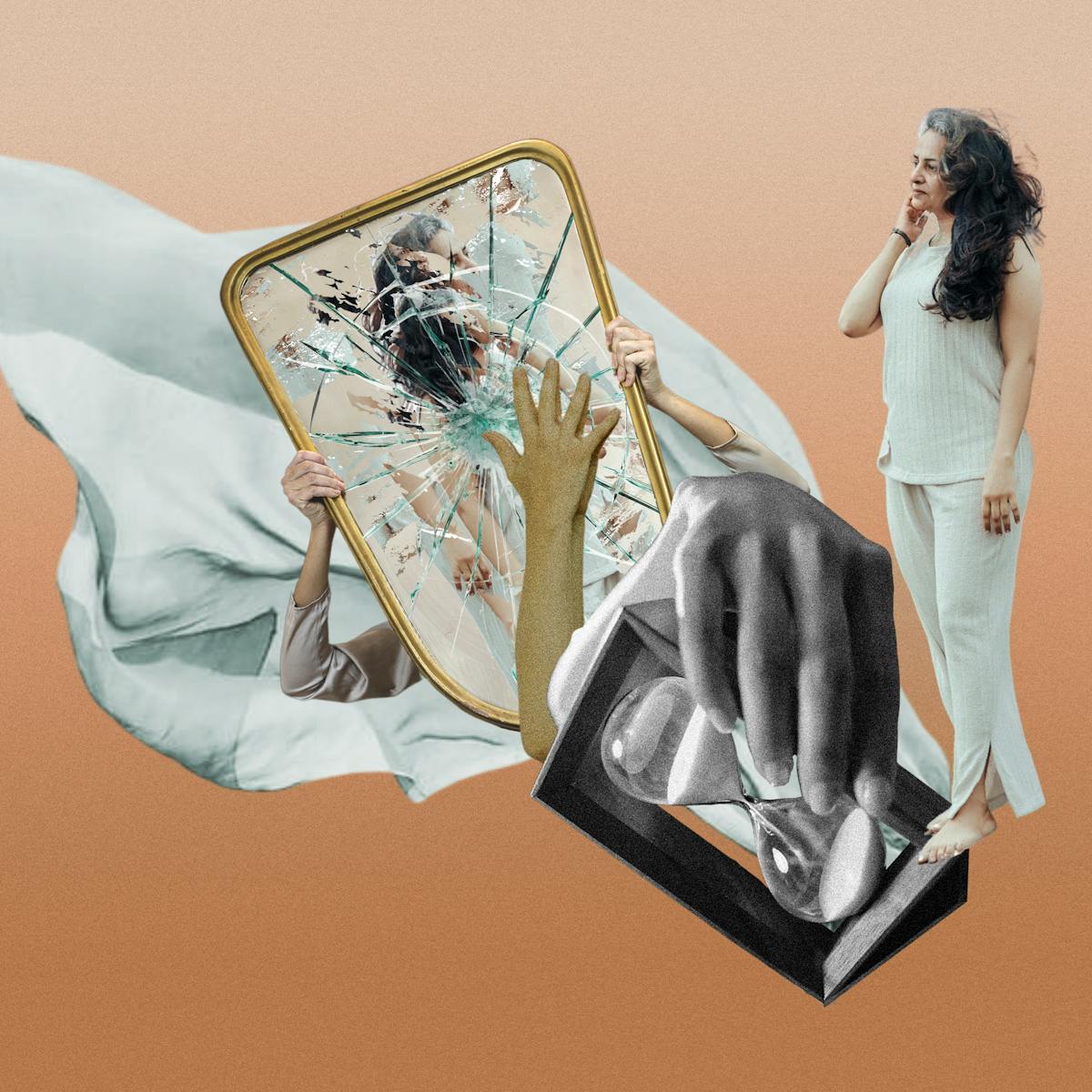 Digital collage artwork made up of orange, cyan and black and white hues. A woman dressed in a white top and trousers stands looking into a large mirror, held in front of her by a pair of arms. The surface of the mirror is fractured and broken. To the Side of the mirror a large hand reaches for an hour glass in which the sand is pouring from one chamber to the other. Behind this scene is billowing sheet covering the lower half of a woman's leg.