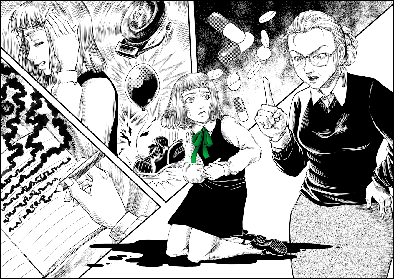 Illustration in the style of Manga graphic novels, showing a young girl kneeing down with a green ribbon tied around her neck, she is looking worriedly at a female teacher figure who is wagging her finger at the young girl. To the left of the girl are illustrative details of messy handwriting, balloons bursting, medicinal  pills and boots stamping.